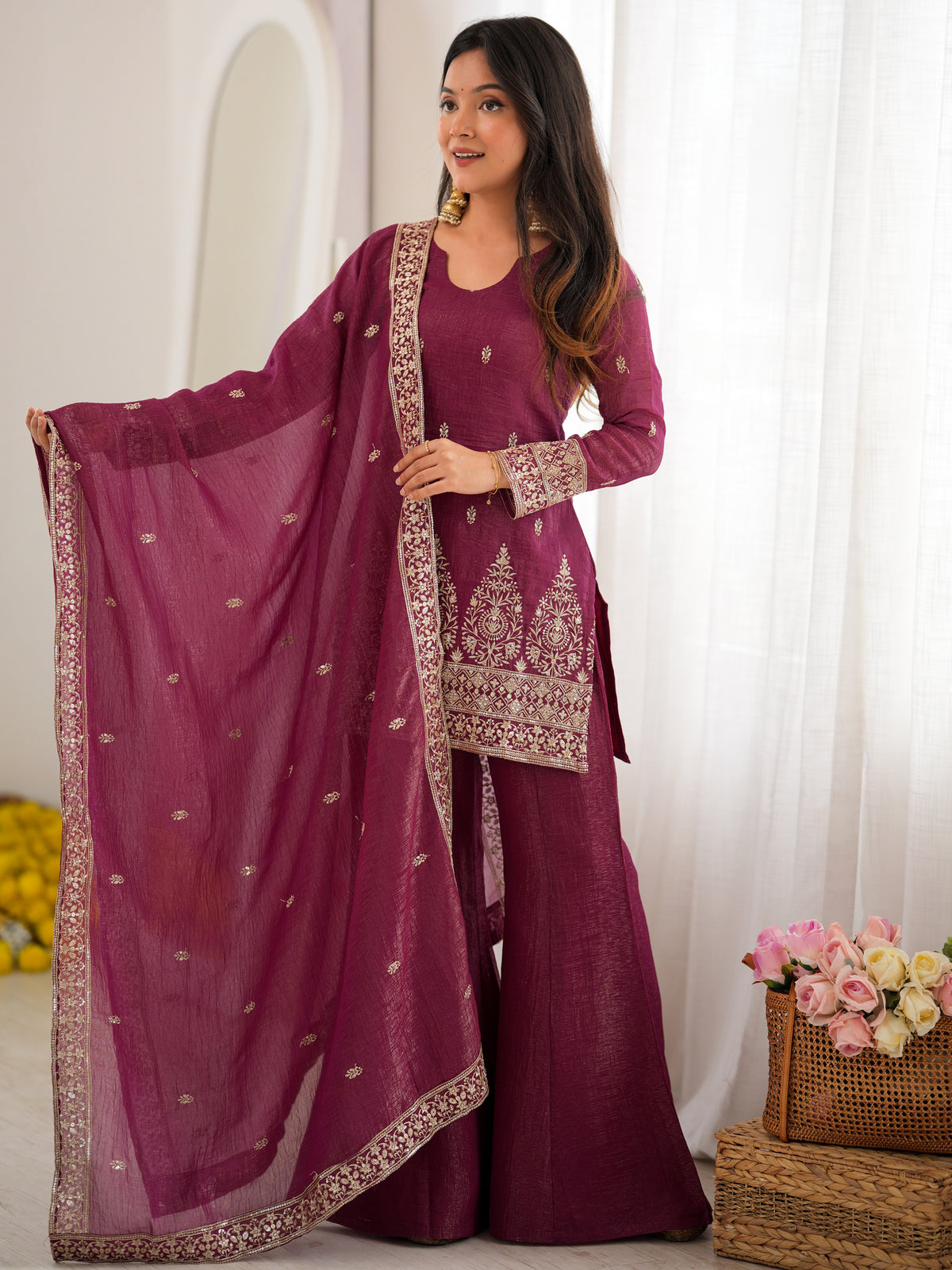 Captivating Wine Zari Embroidery Silk Engagement Wear Salwar Suit