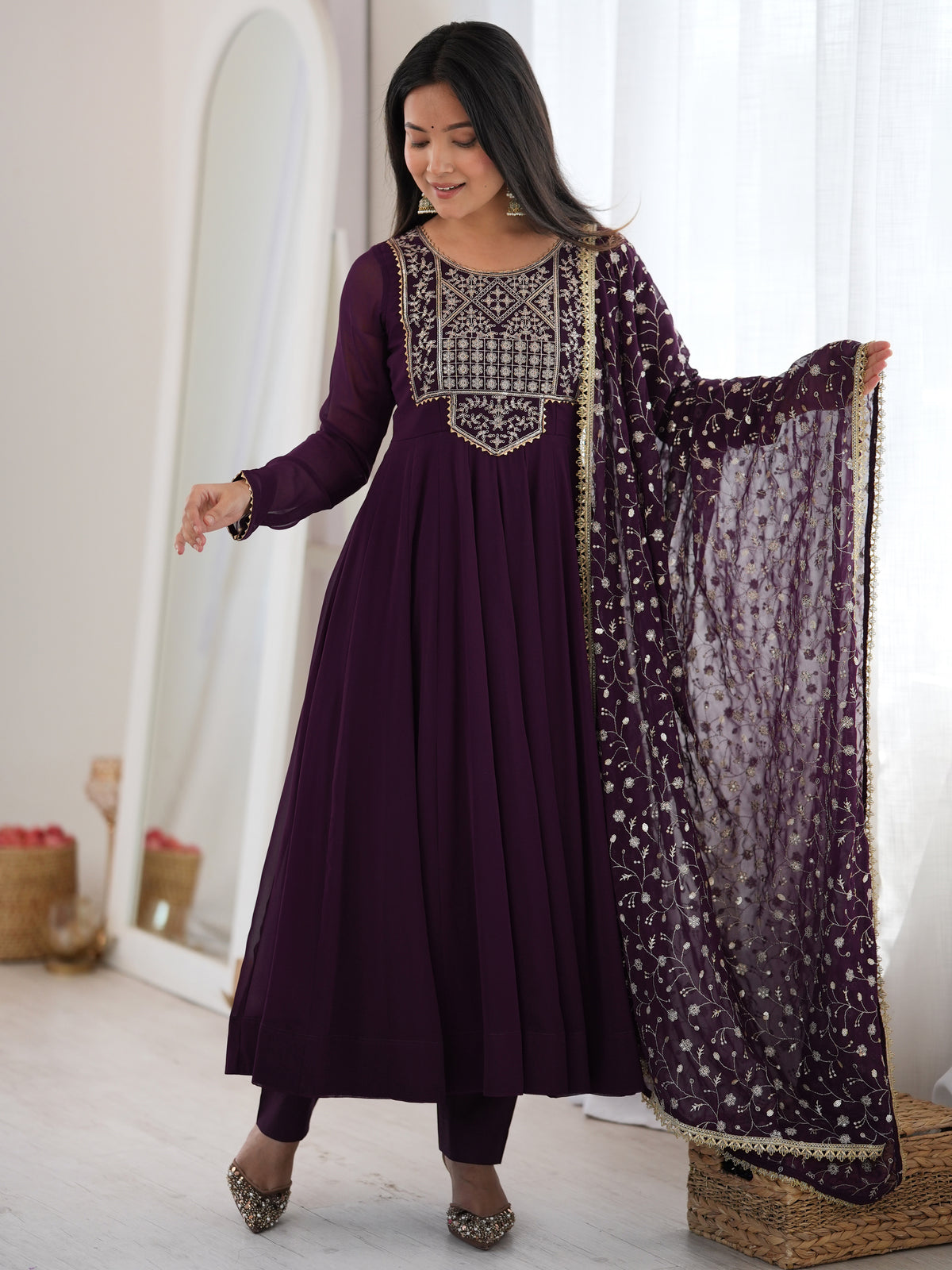 Radiant Wine Zari Embroidery Georgette Traditional Anarkali Suit