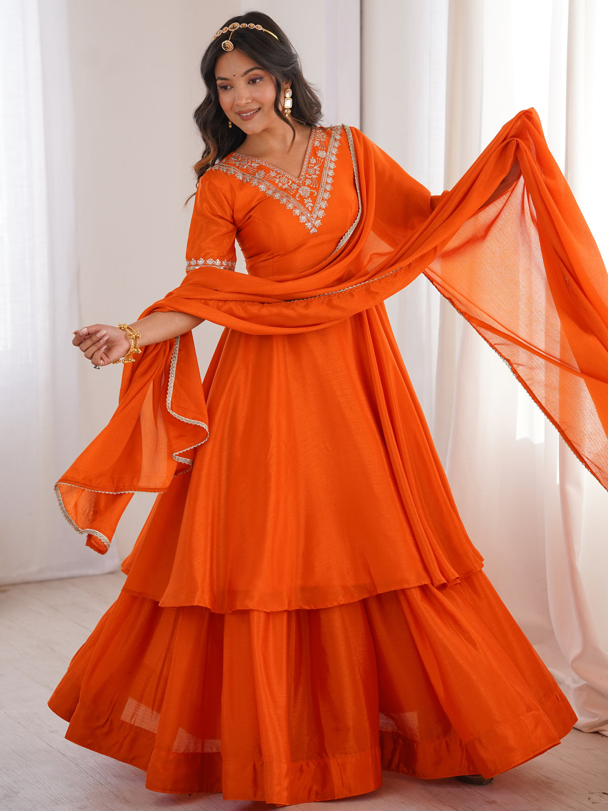 Dazzling Orange Thread Work Chinon Festive Wear Palazzo Suit