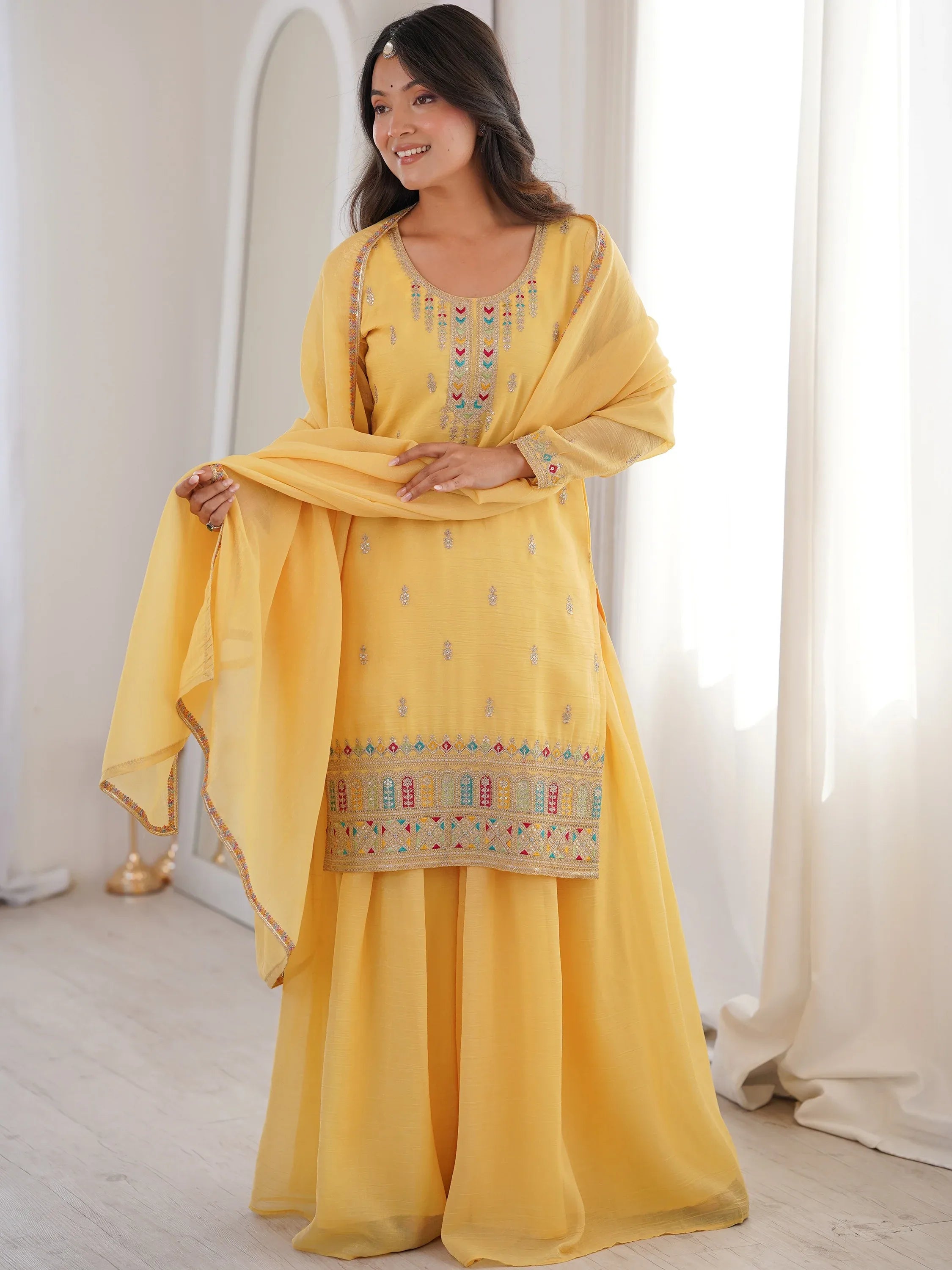 Superb Yellow Dori Embroidered Silk Haldi Wear Sharara Suit