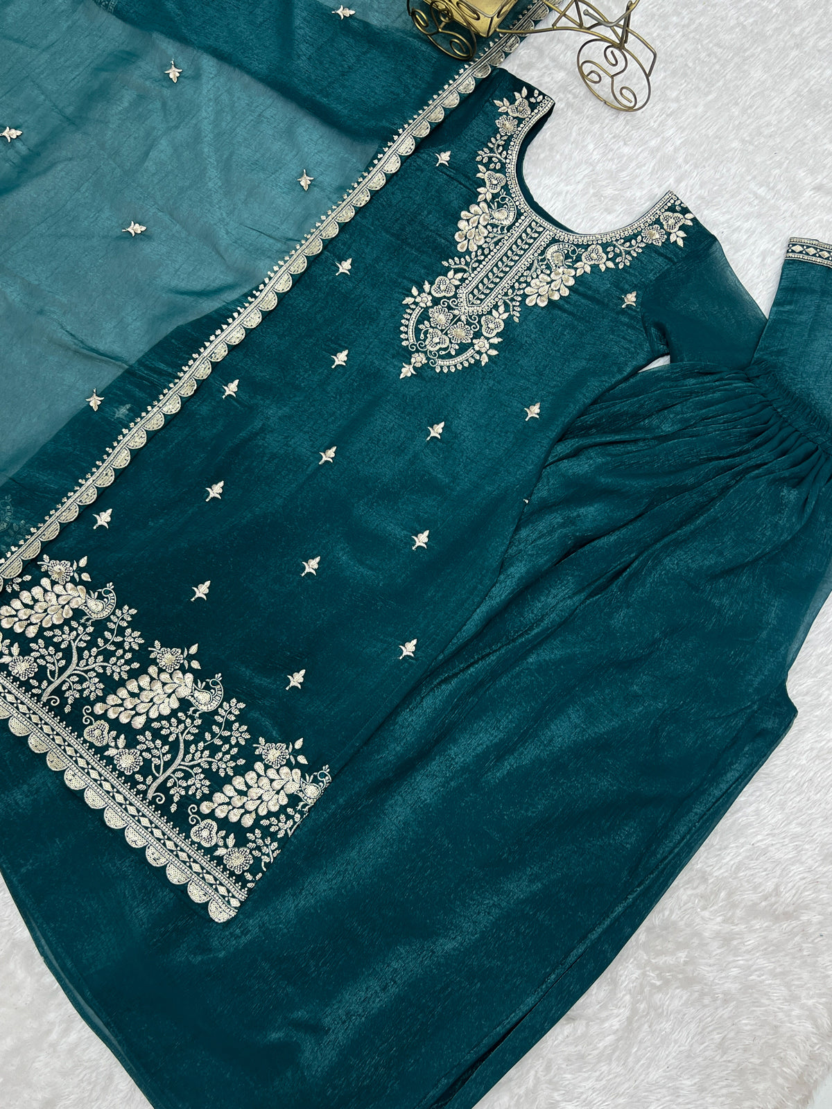 Classis Teal Blue Thread Work Silk Wedding Wear Sharara Suit