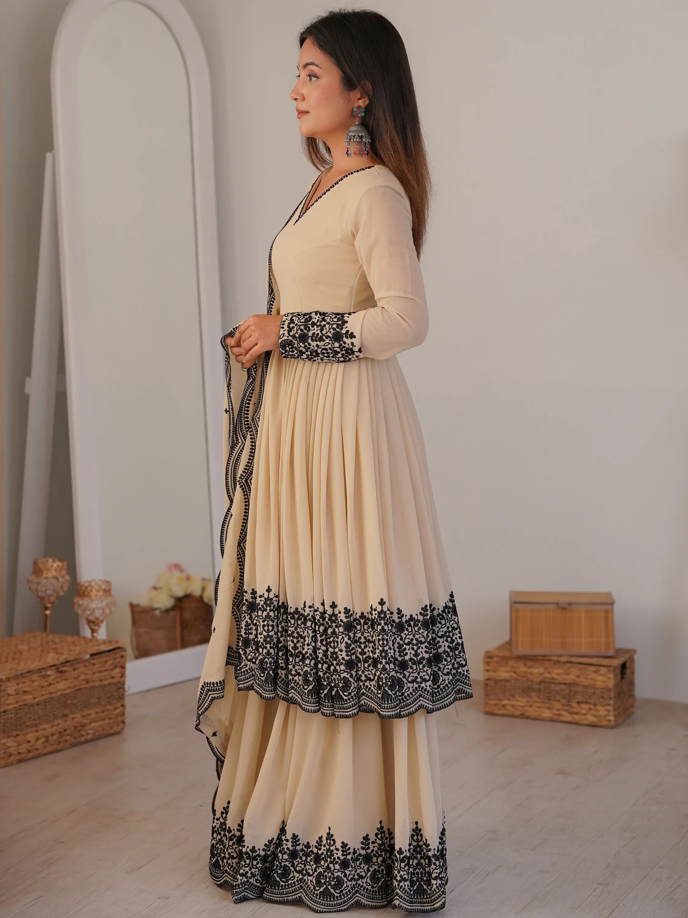 Attractive White Thread Work Georgette Festival Wear Palazzo Suit