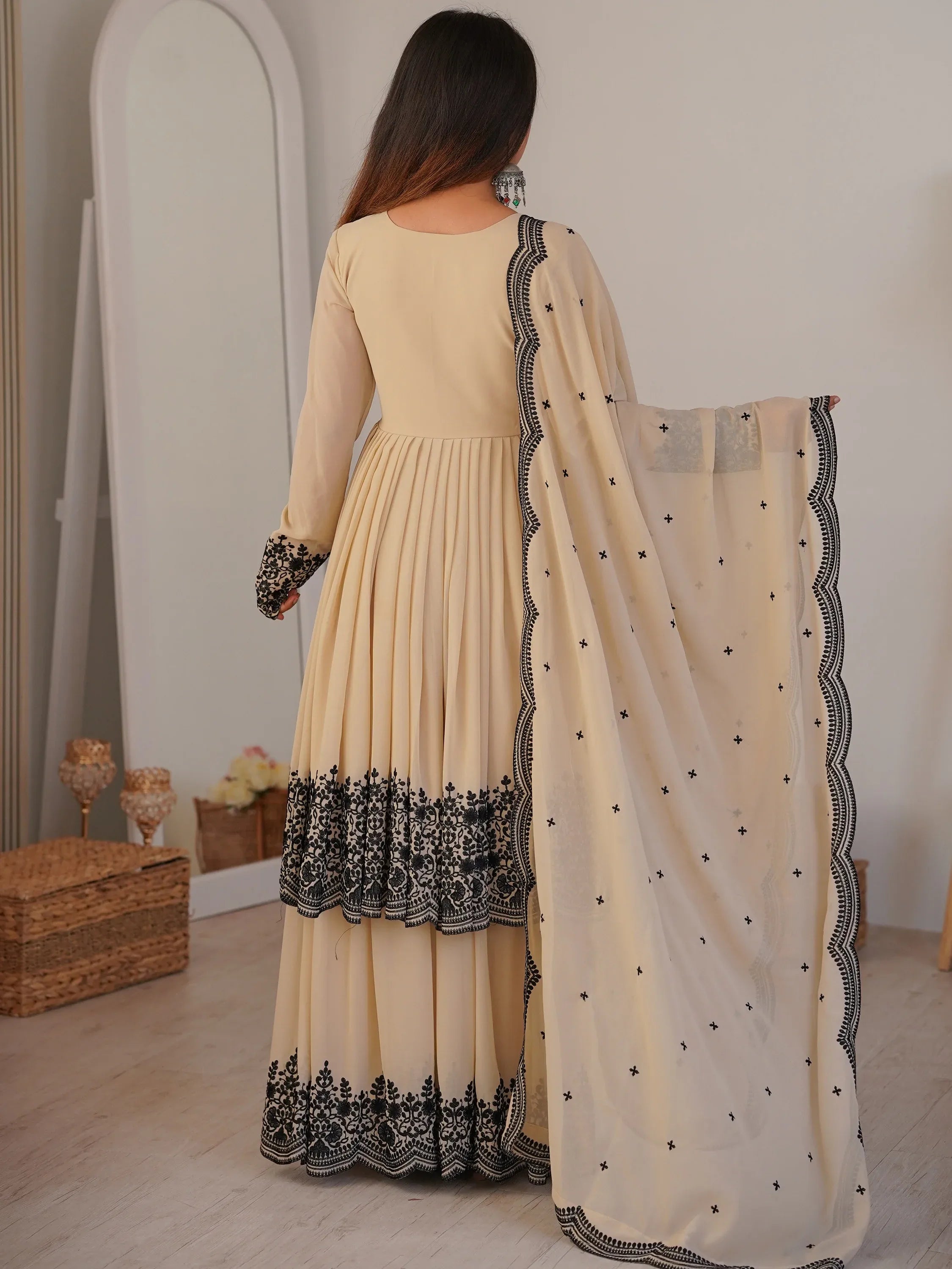Attractive White Thread Work Georgette Festival Wear Palazzo Suit