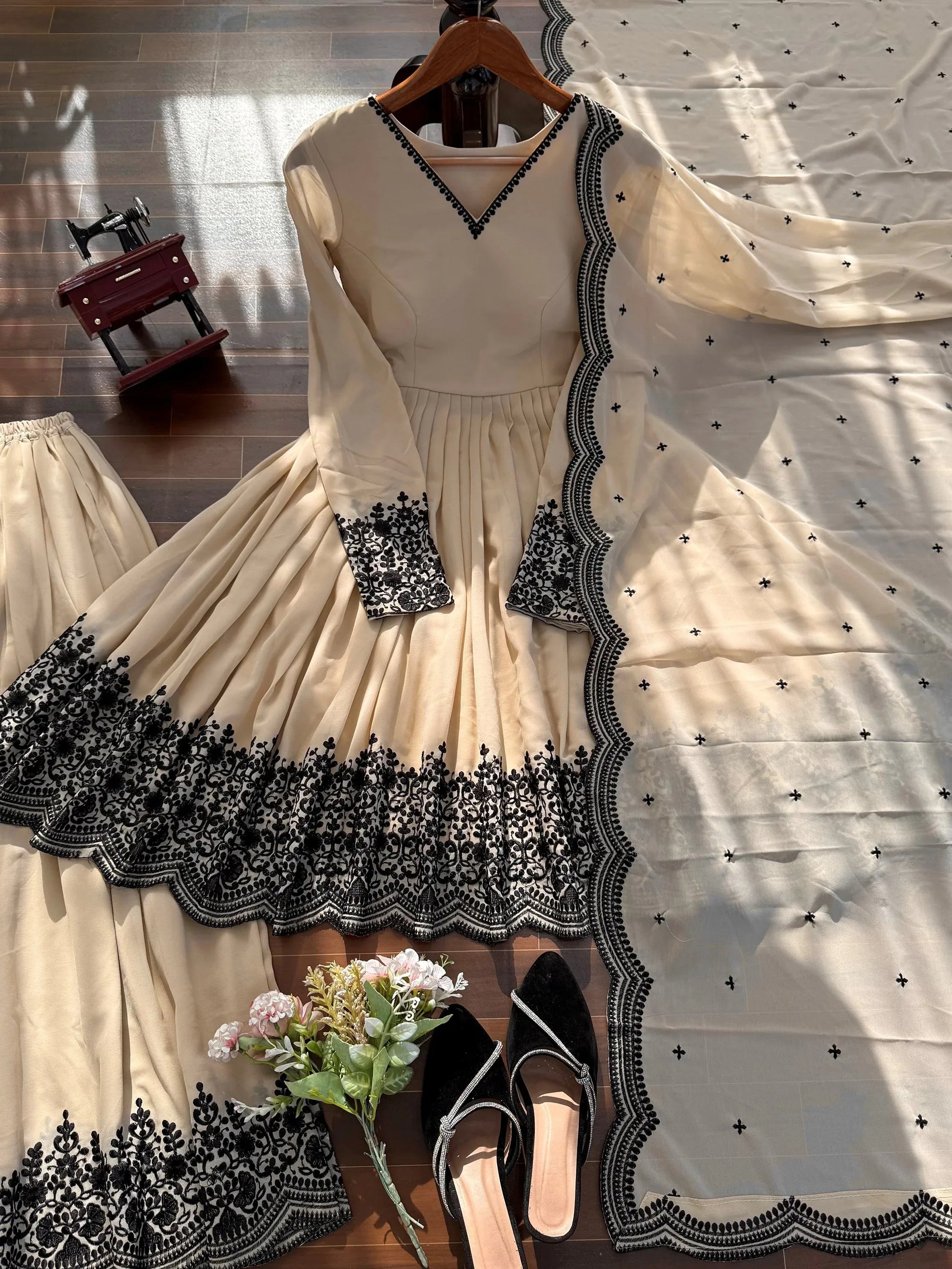Attractive White Thread Work Georgette Festival Wear Palazzo Suit