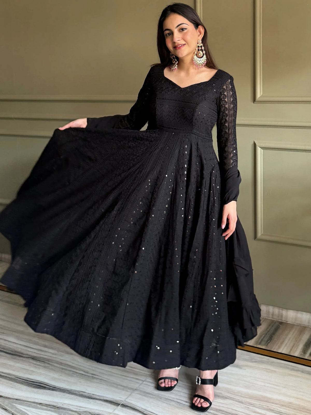 Gorgeous Black Sequins Georgette Evening Wear Anarkali Pant Suit