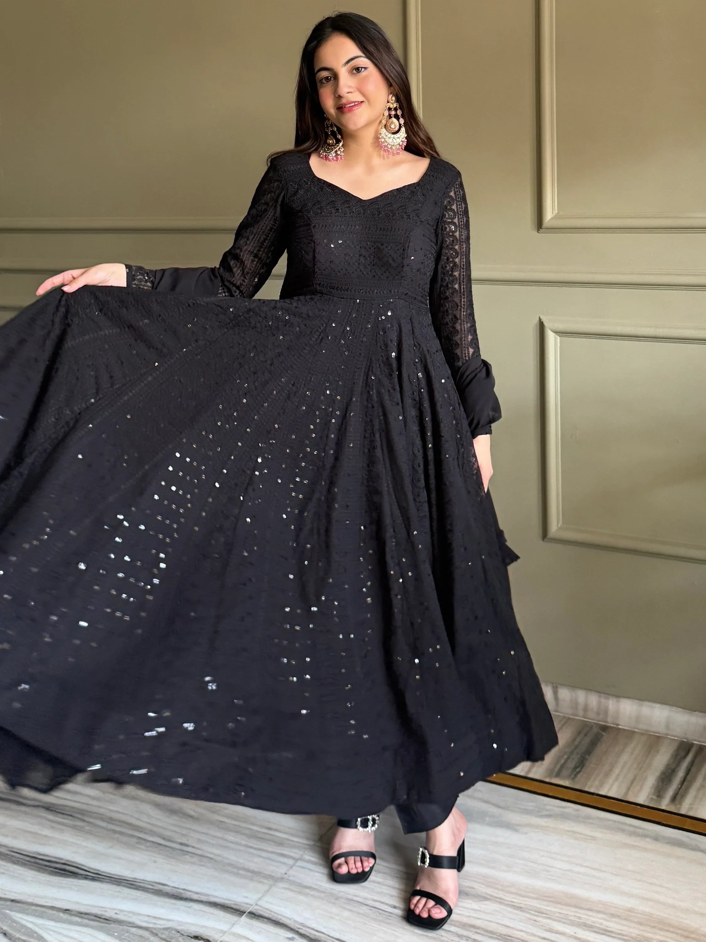 Gorgeous Black Sequins Georgette Evening Wear Anarkali Pant Suit