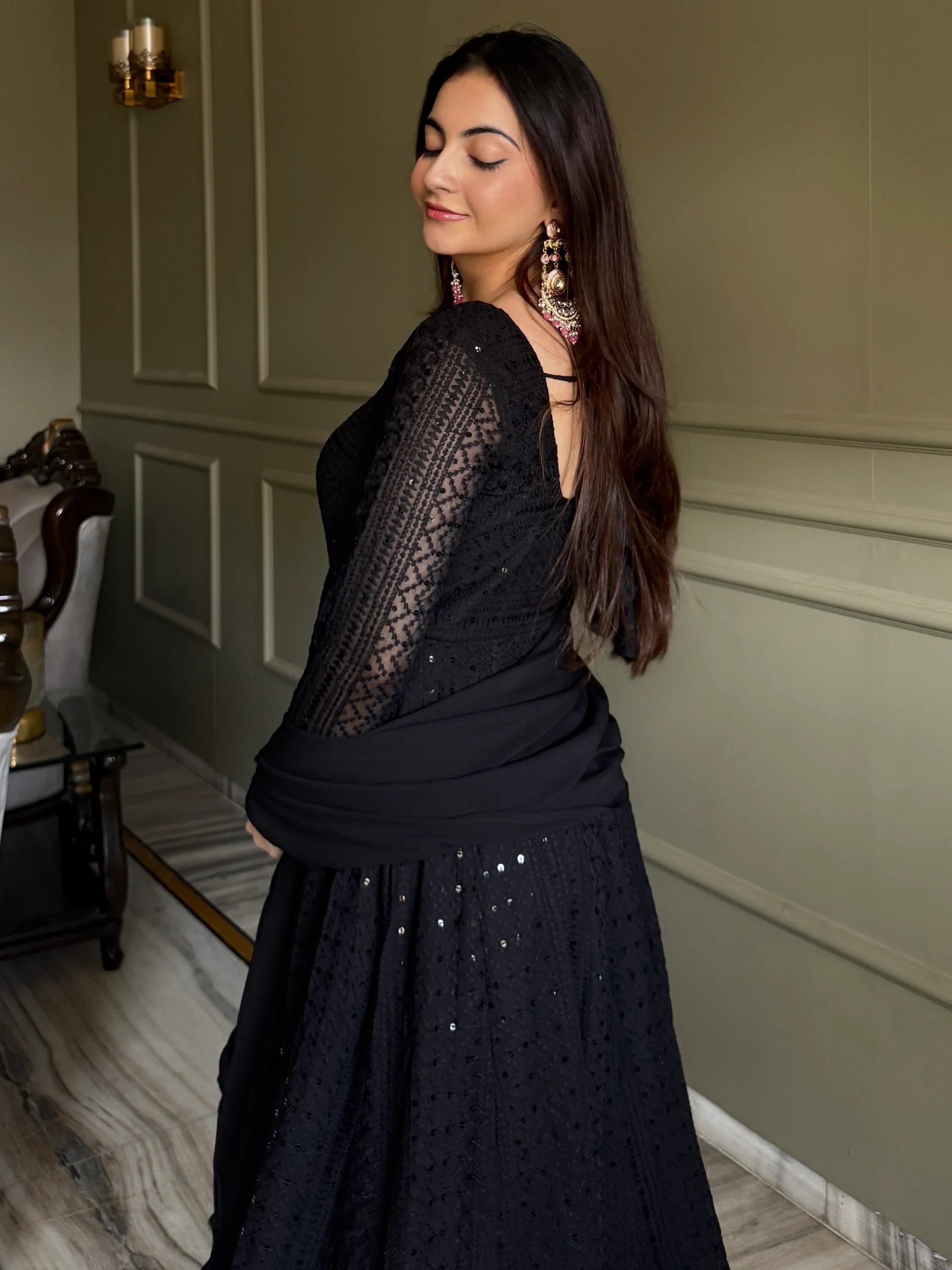 Gorgeous Black Sequins Georgette Evening Wear Anarkali Pant Suit