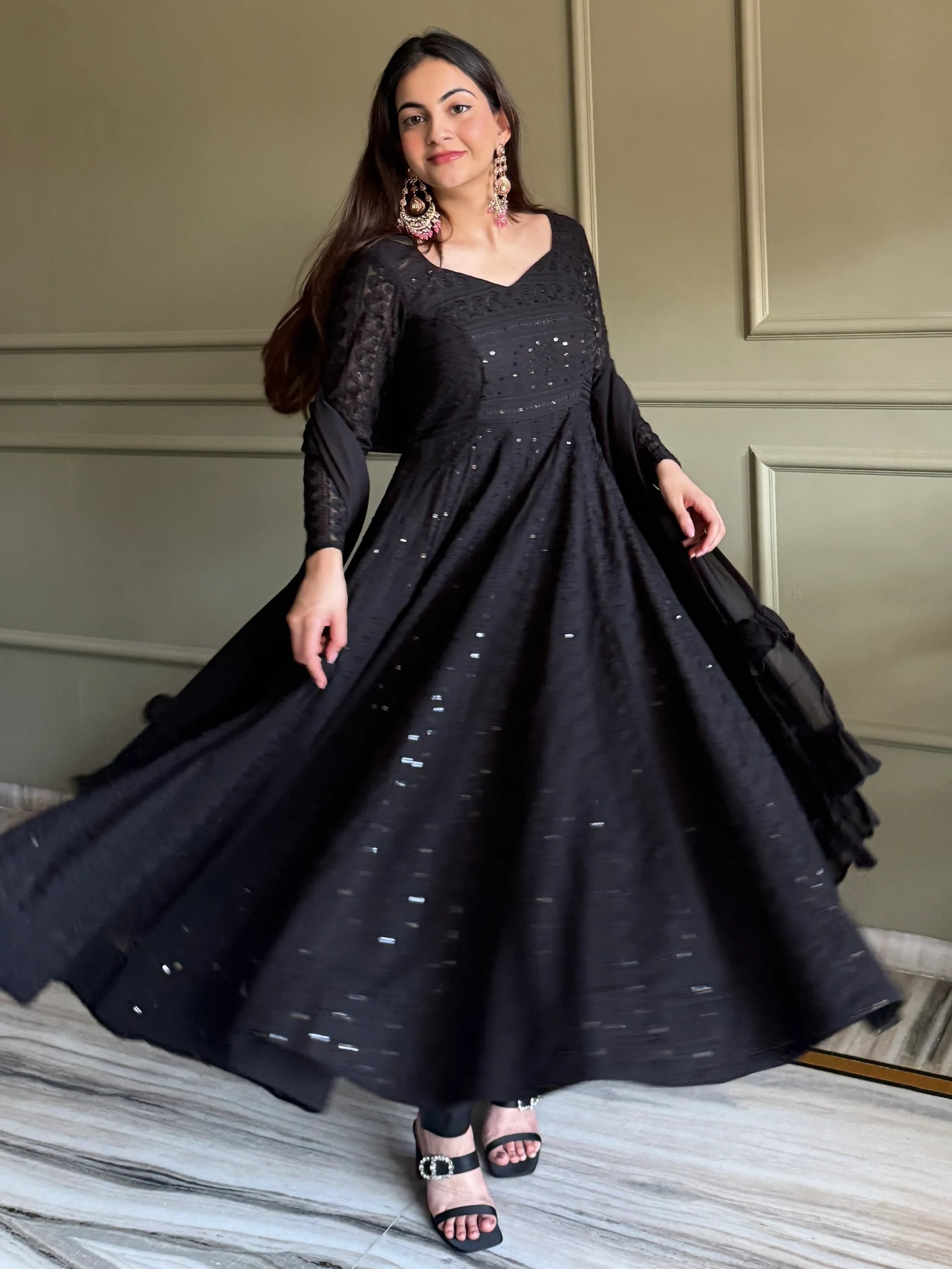 Gorgeous Black Sequins Georgette Evening Wear Anarkali Pant Suit