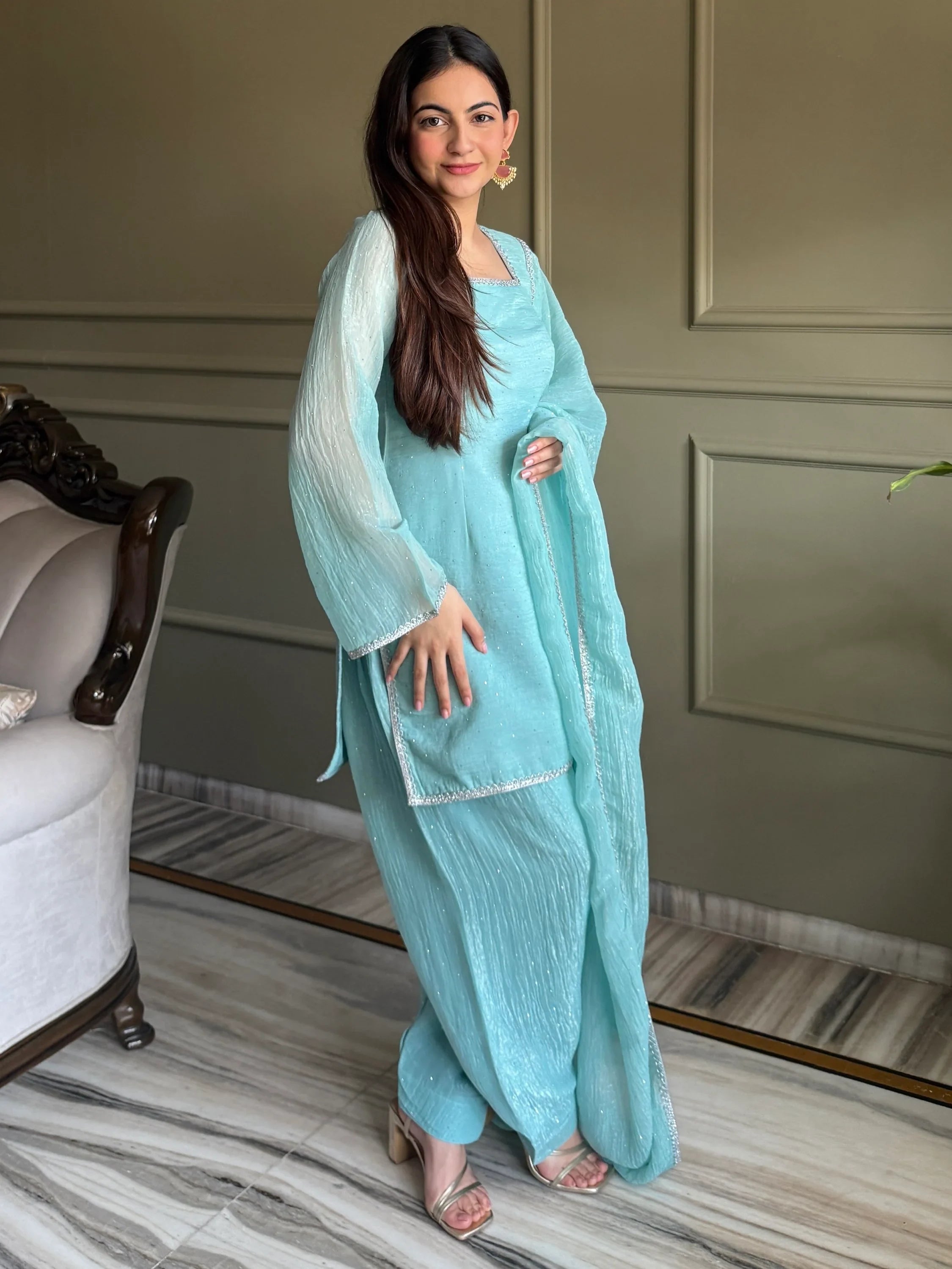 Stunning Sky Blue Lace Work Silk Wedding Wear Salwar Suit