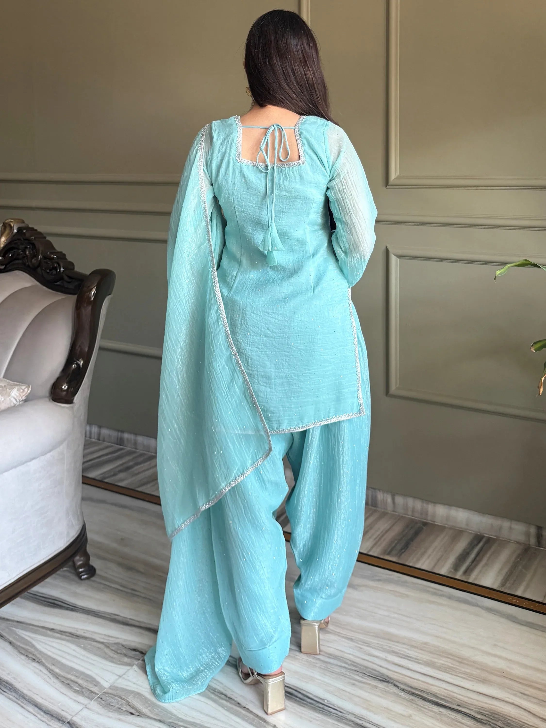 Stunning Sky Blue Lace Work Silk Wedding Wear Salwar Suit