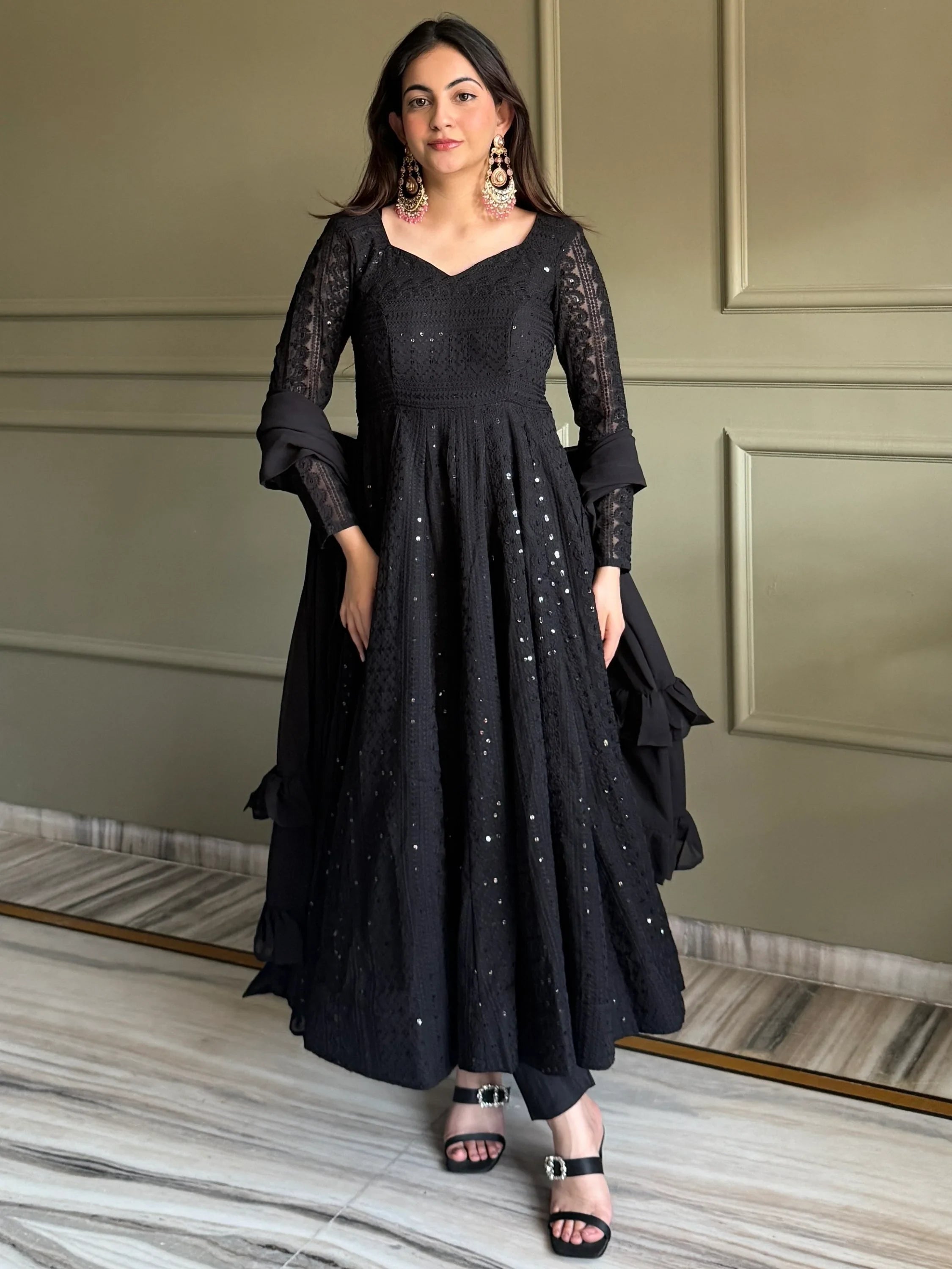 Gorgeous Black Sequins Georgette Evening Wear Anarkali Pant Suit