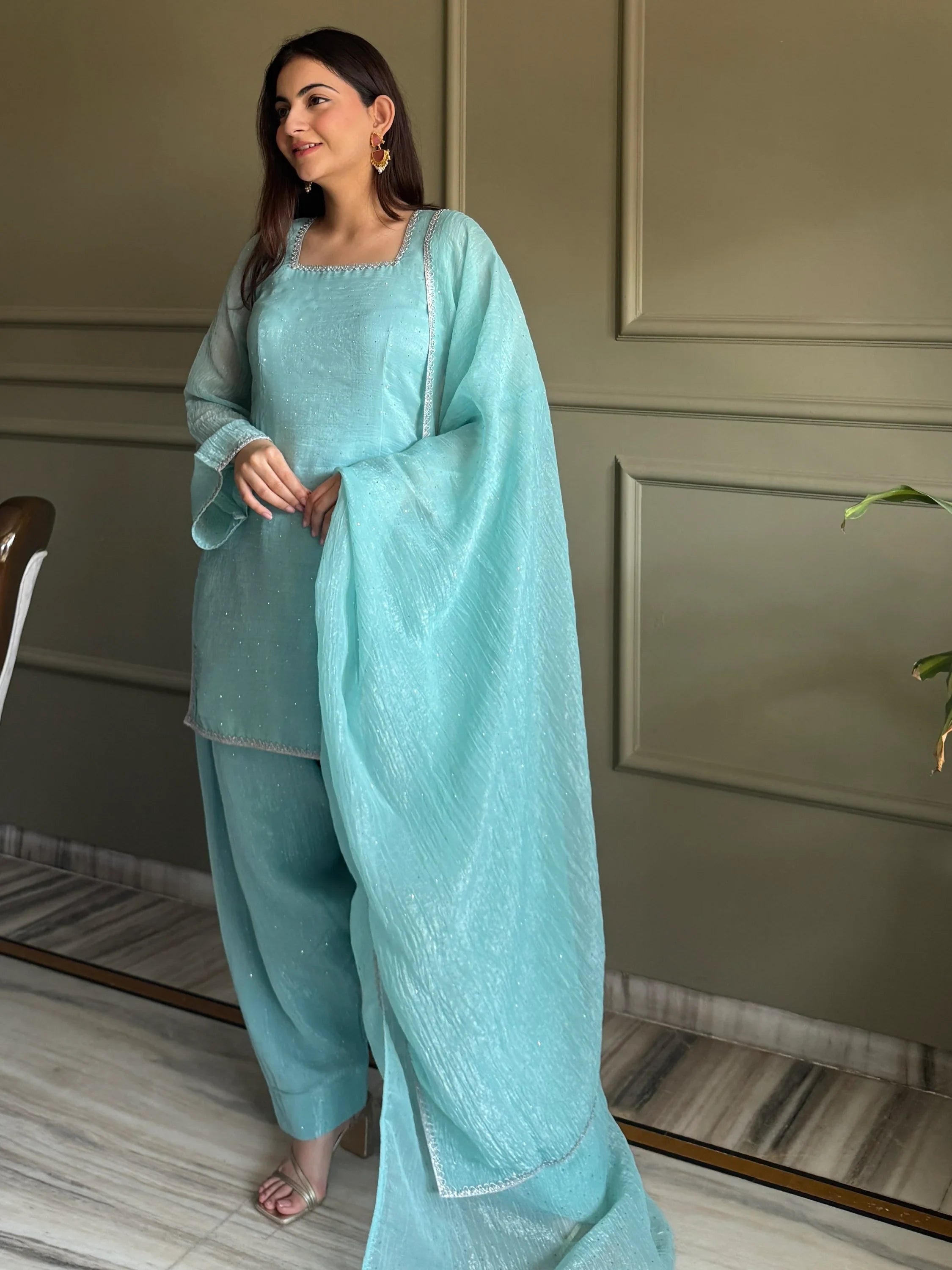 Stunning Sky Blue Lace Work Silk Wedding Wear Salwar Suit