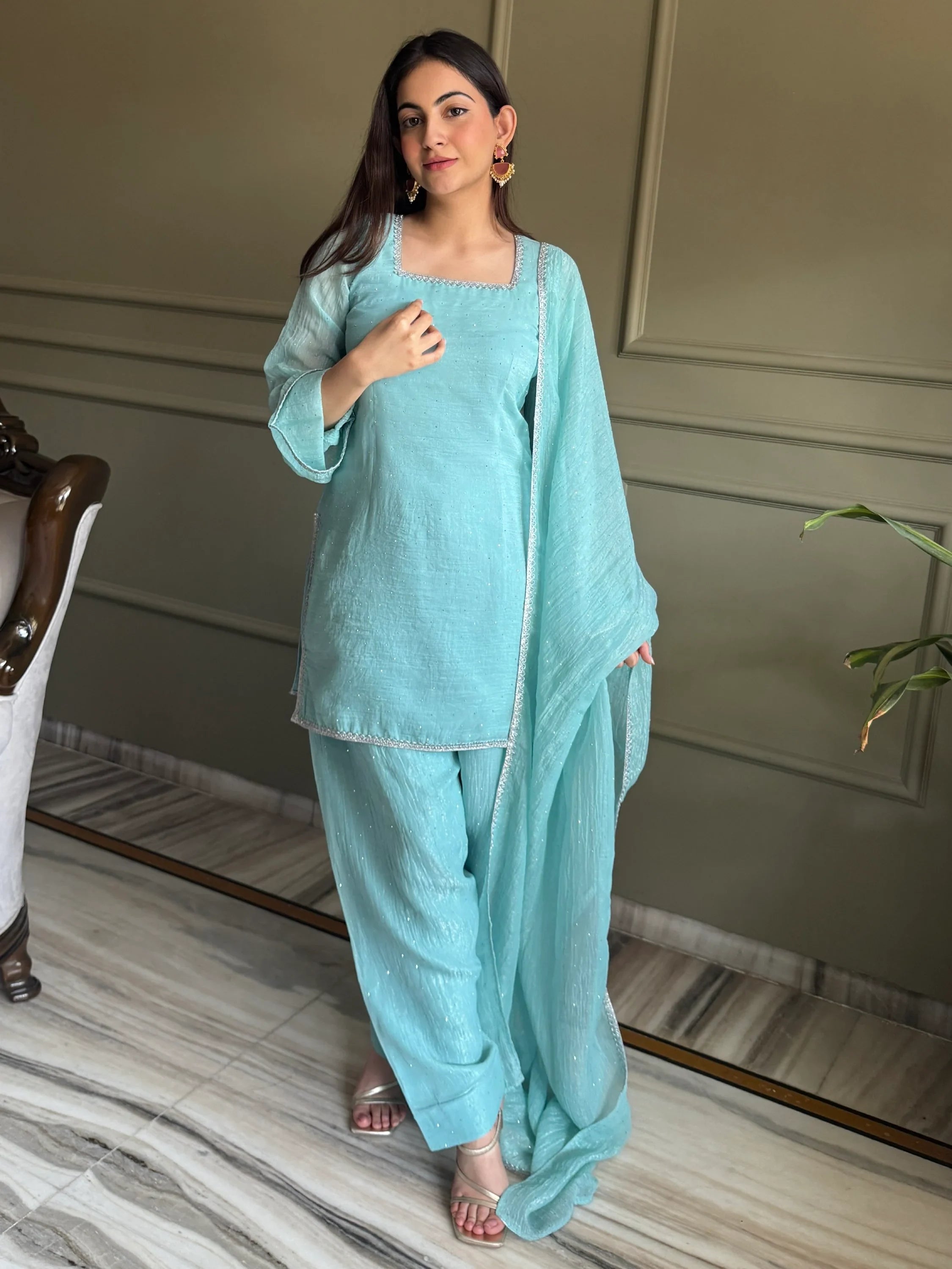 Stunning Sky Blue Lace Work Silk Wedding Wear Salwar Suit