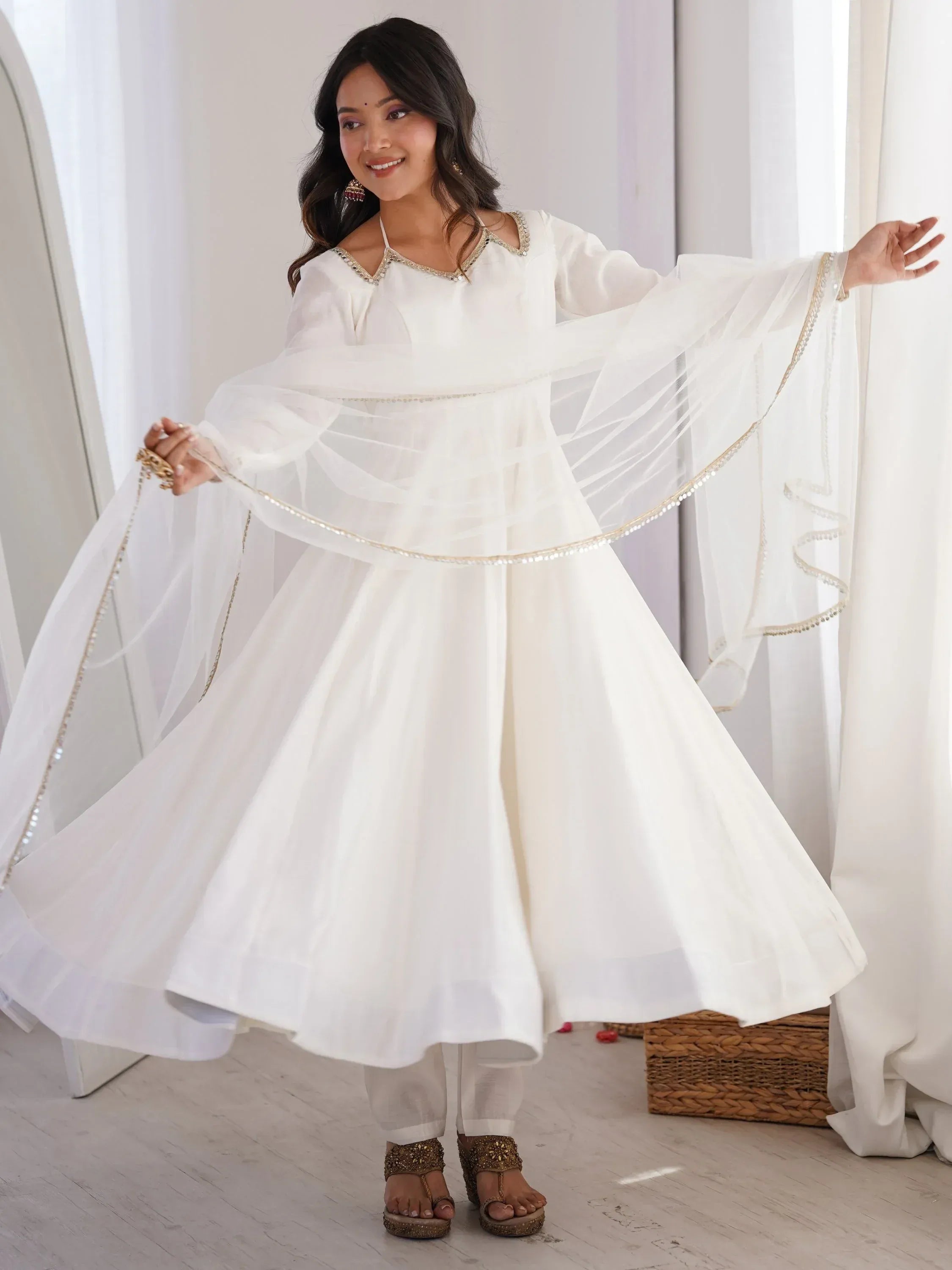 Stunning White Lace Work Roman Silk Festive Wear Anarkali Suit Pant