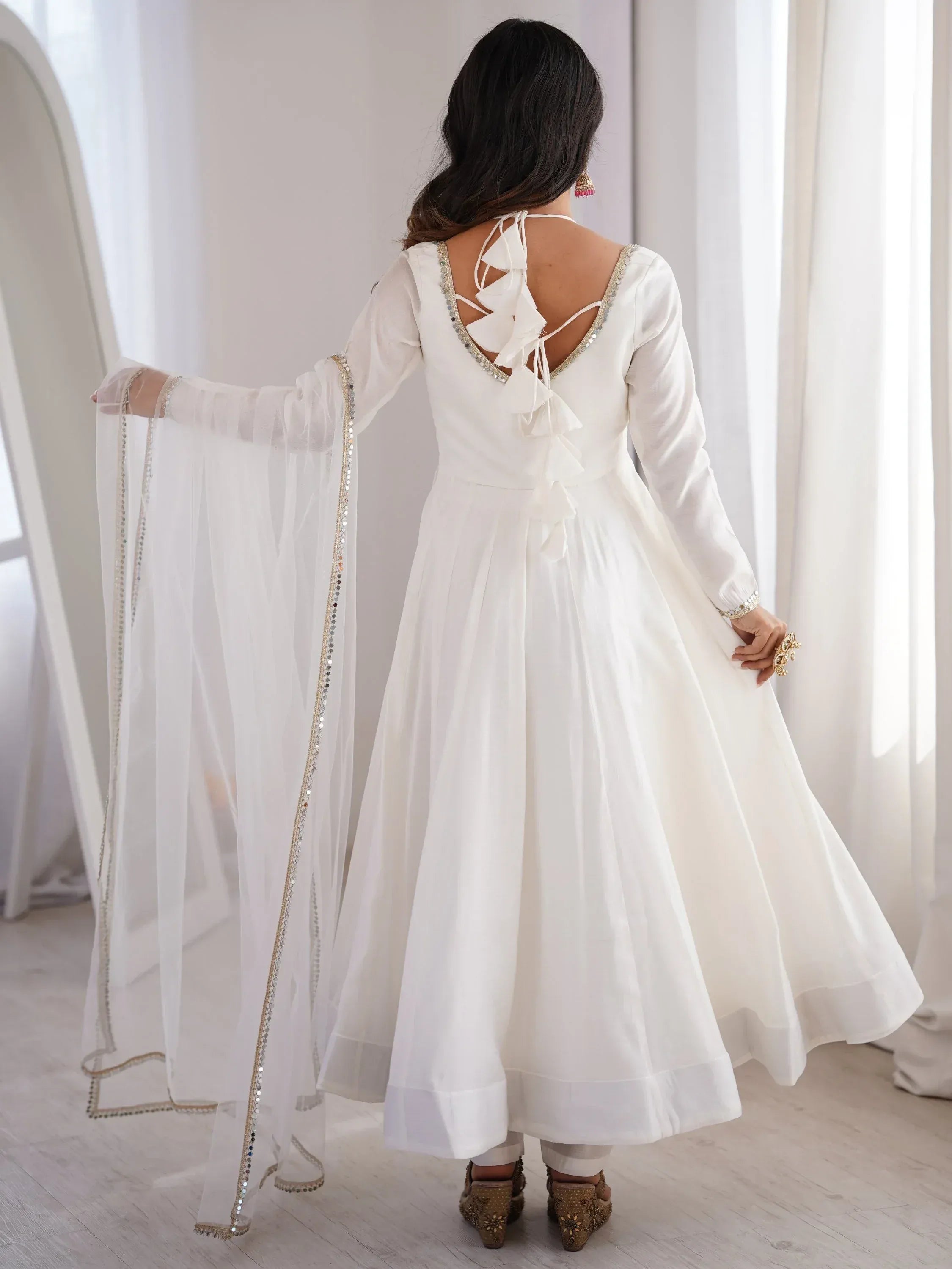 Stunning White Lace Work Roman Silk Festive Wear Anarkali Suit Pant
