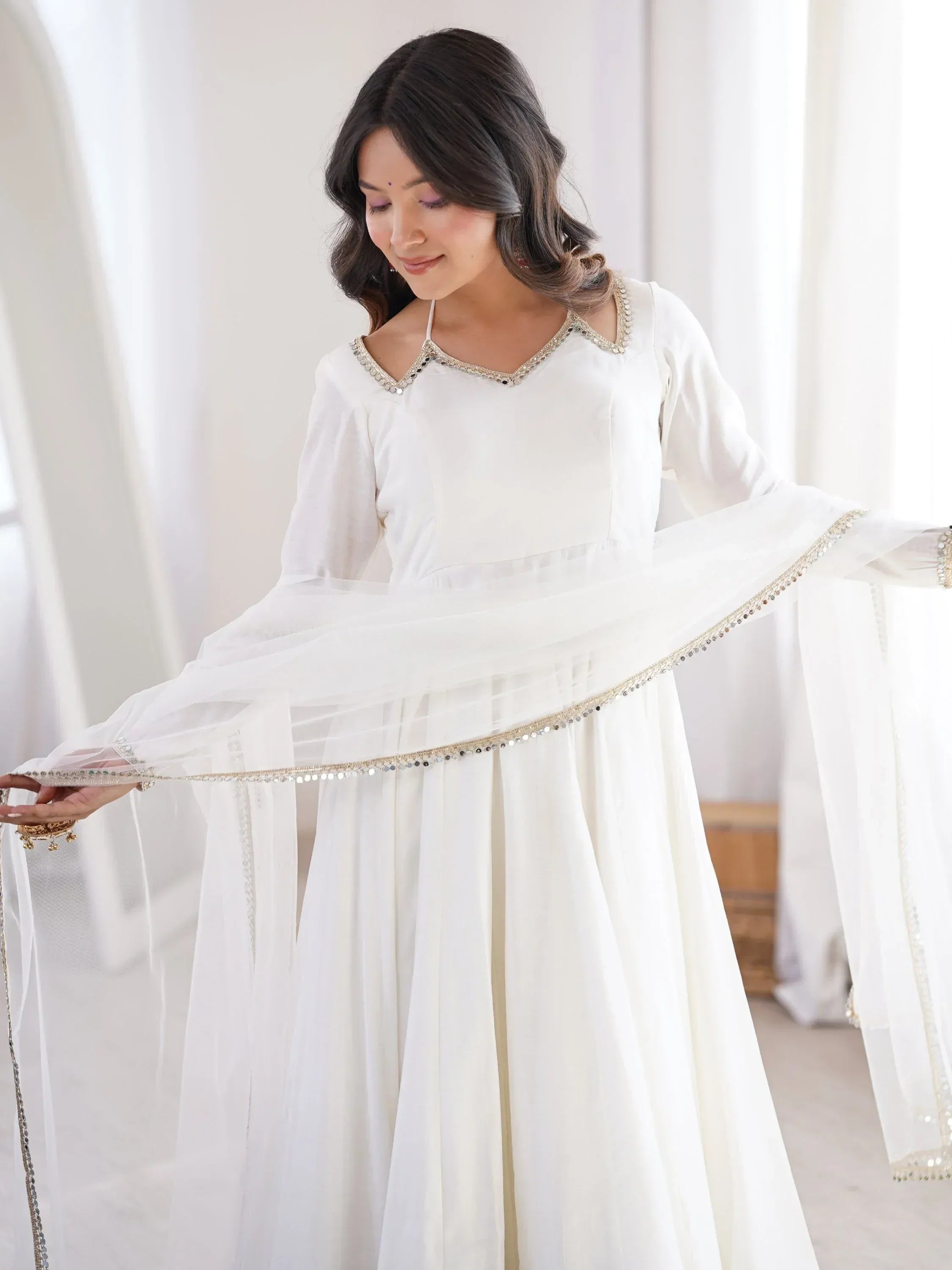 Stunning White Lace Work Roman Silk Festive Wear Anarkali Suit Pant