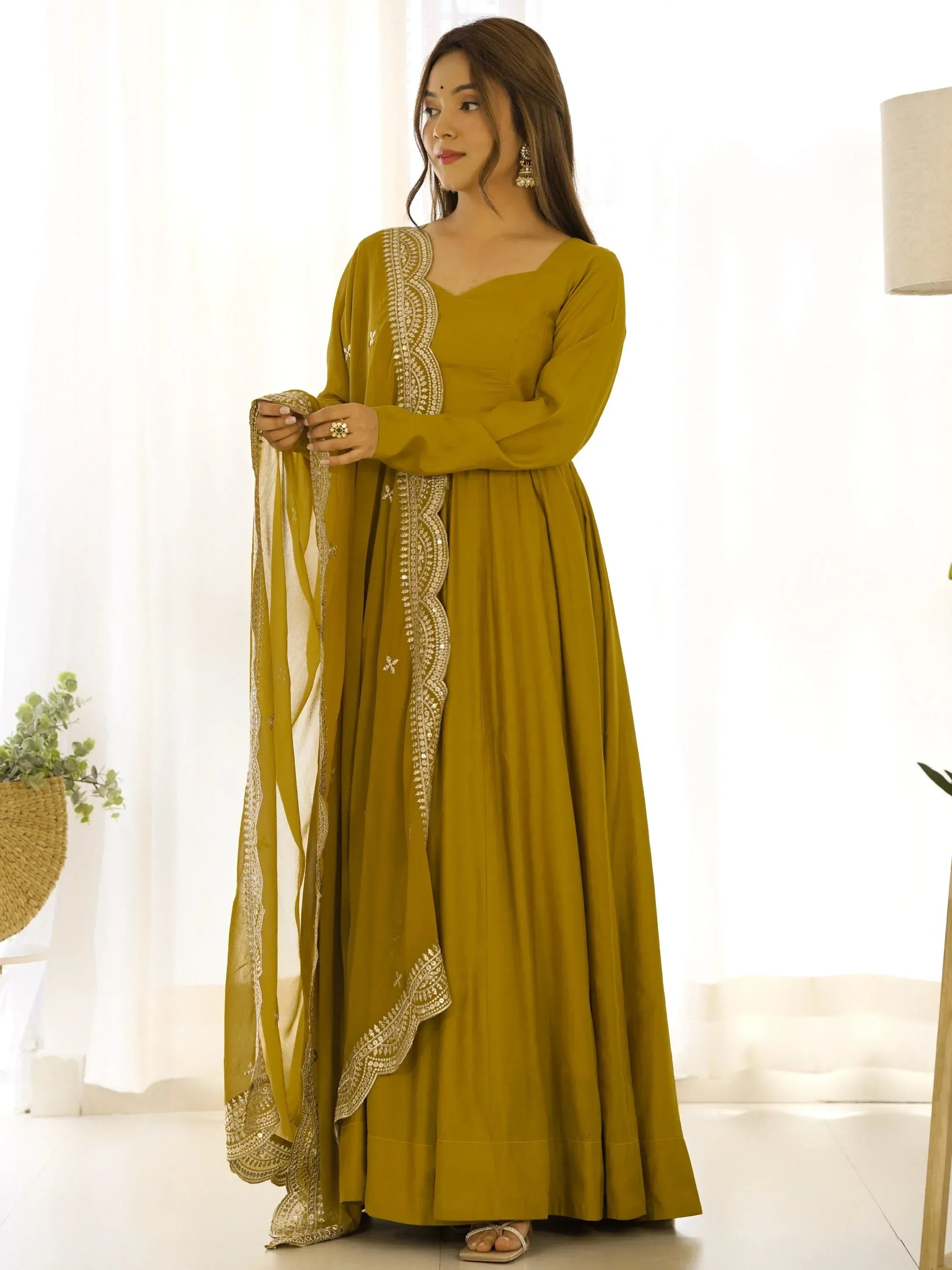 Ravishing Mustard Yellow Silk Anarkali Pant Suit With Sequins Dupatta