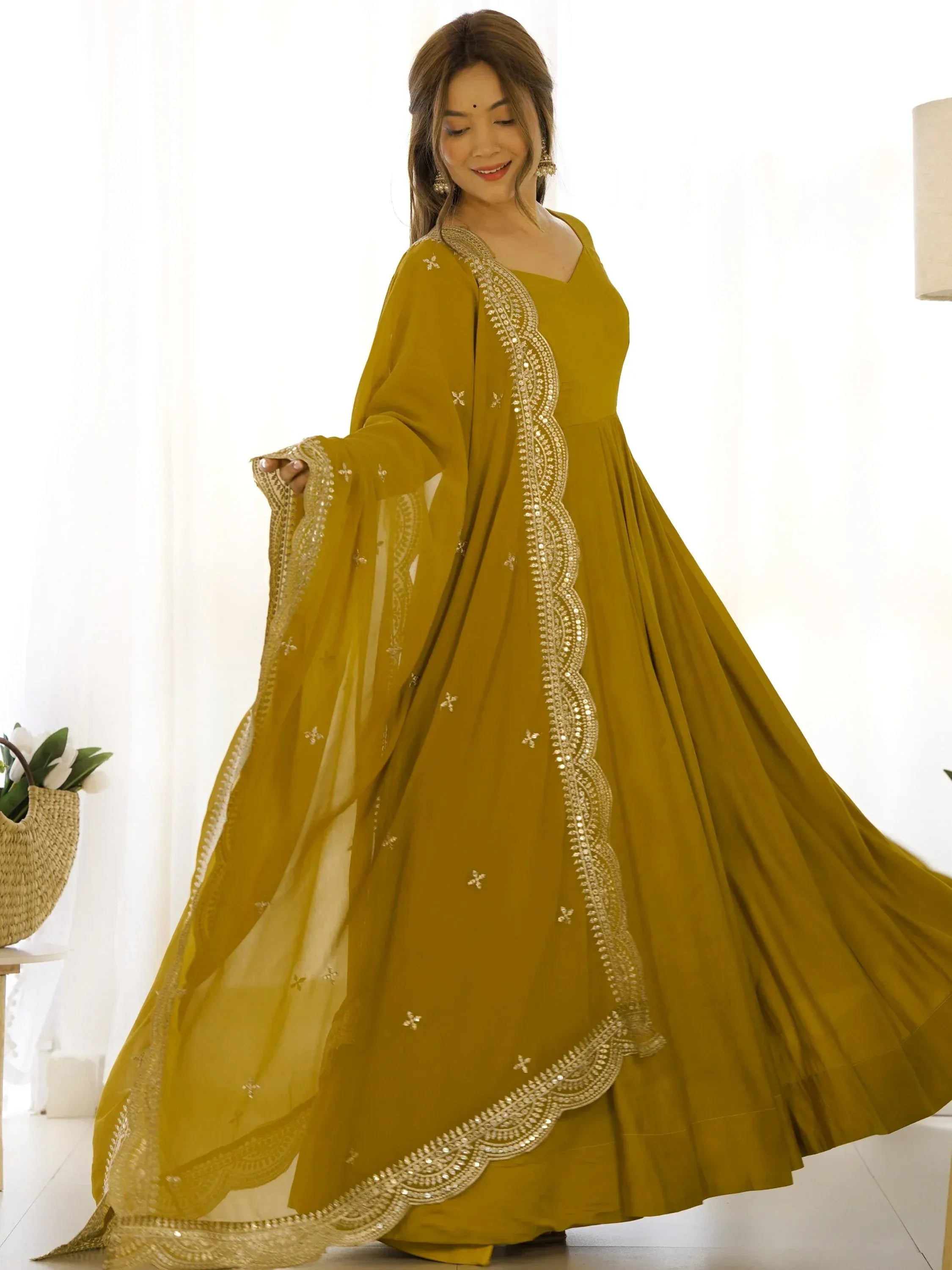 Ravishing Mustard Yellow Silk Anarkali Pant Suit With Sequins Dupatta
