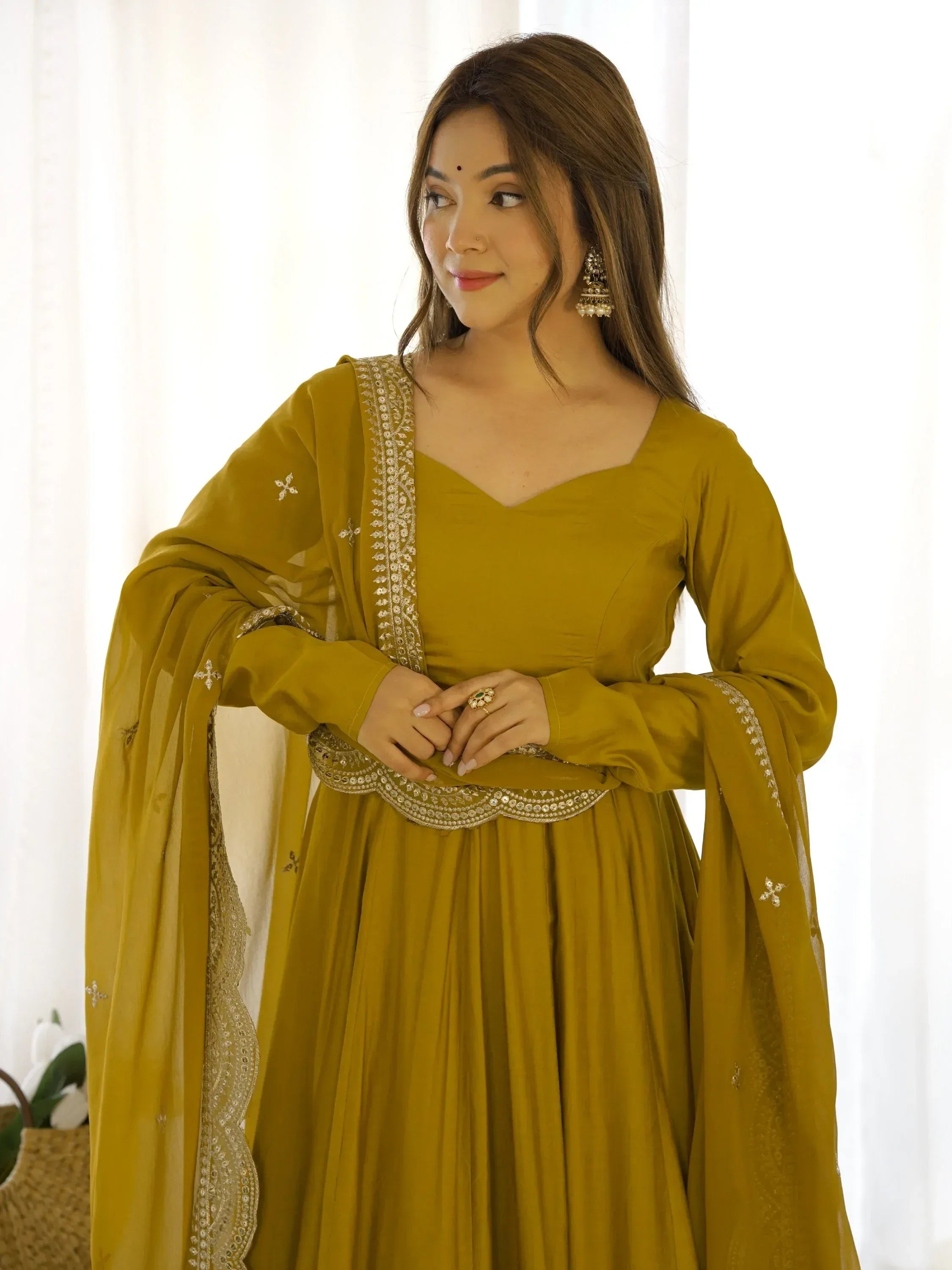 Ravishing Mustard Yellow Silk Anarkali Pant Suit With Sequins Dupatta