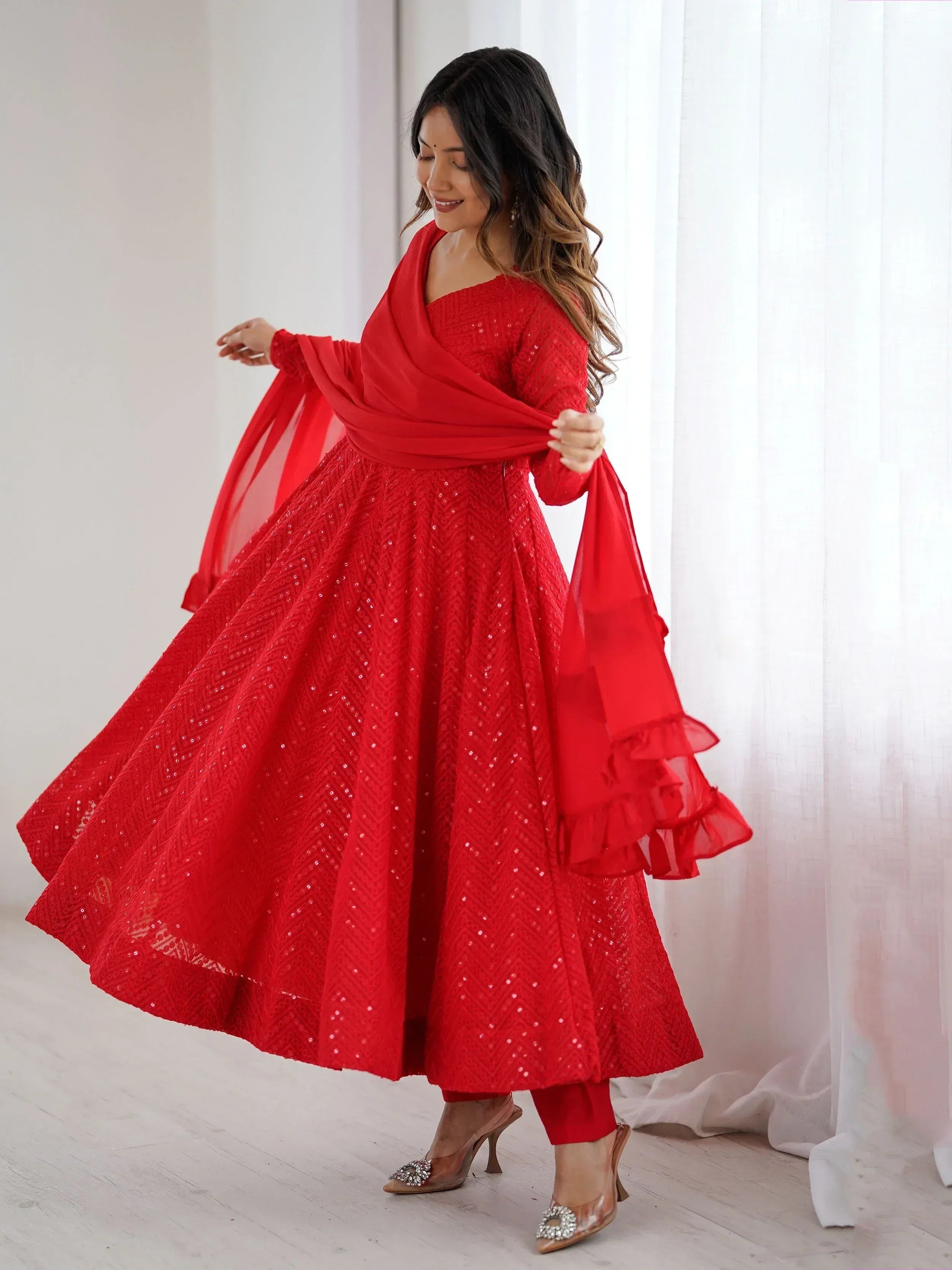 Red sequin anarkali suit with ruffled dupatta, ethnic Indian wear for women