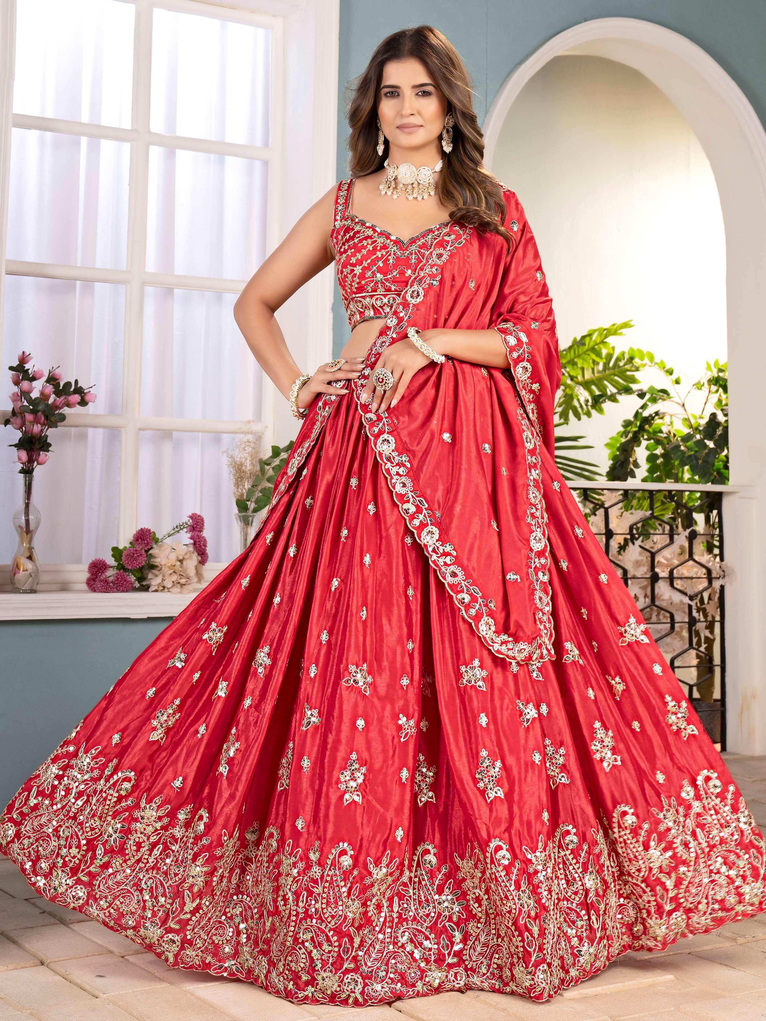 Fabulous Red Chinon Embroidered Sequins Wedding Lehenga Choli