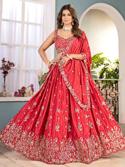 Fabulous Red Chinon Embroidered Sequins Wedding Lehenga Choli