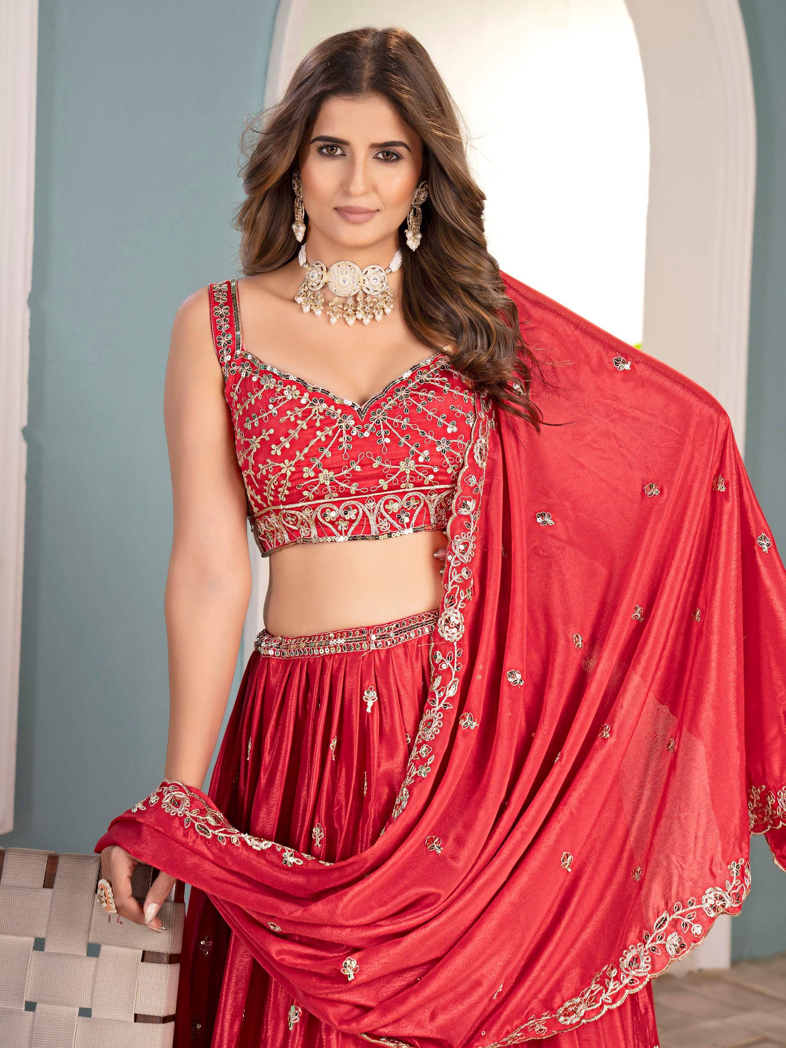 Red embroidered lehenga choli with dupatta, Indian ethnic wear for weddings and parties
