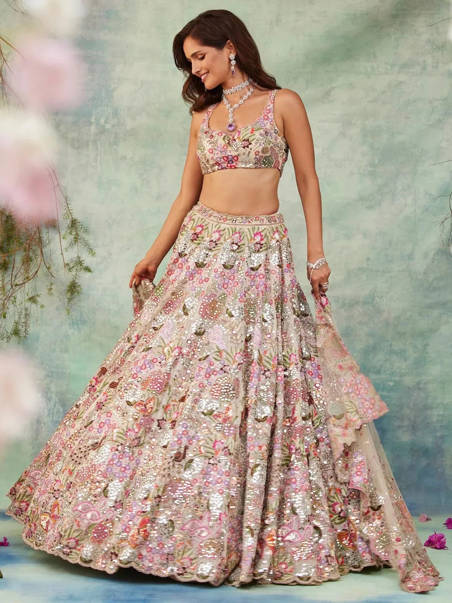 Grand Off-White Floral Embroidery Georgette Reception Wear Lehenga Choli