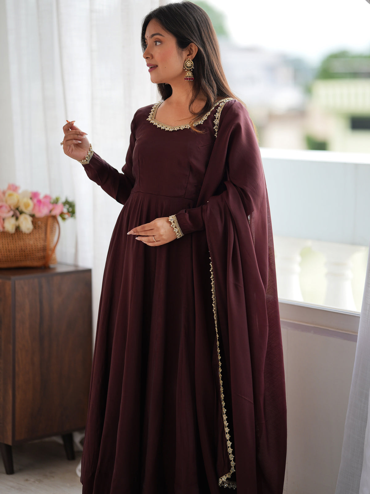 Spectacular Dark Brown Mirror Laced Chanderi Festive Wear Anarkali Suit