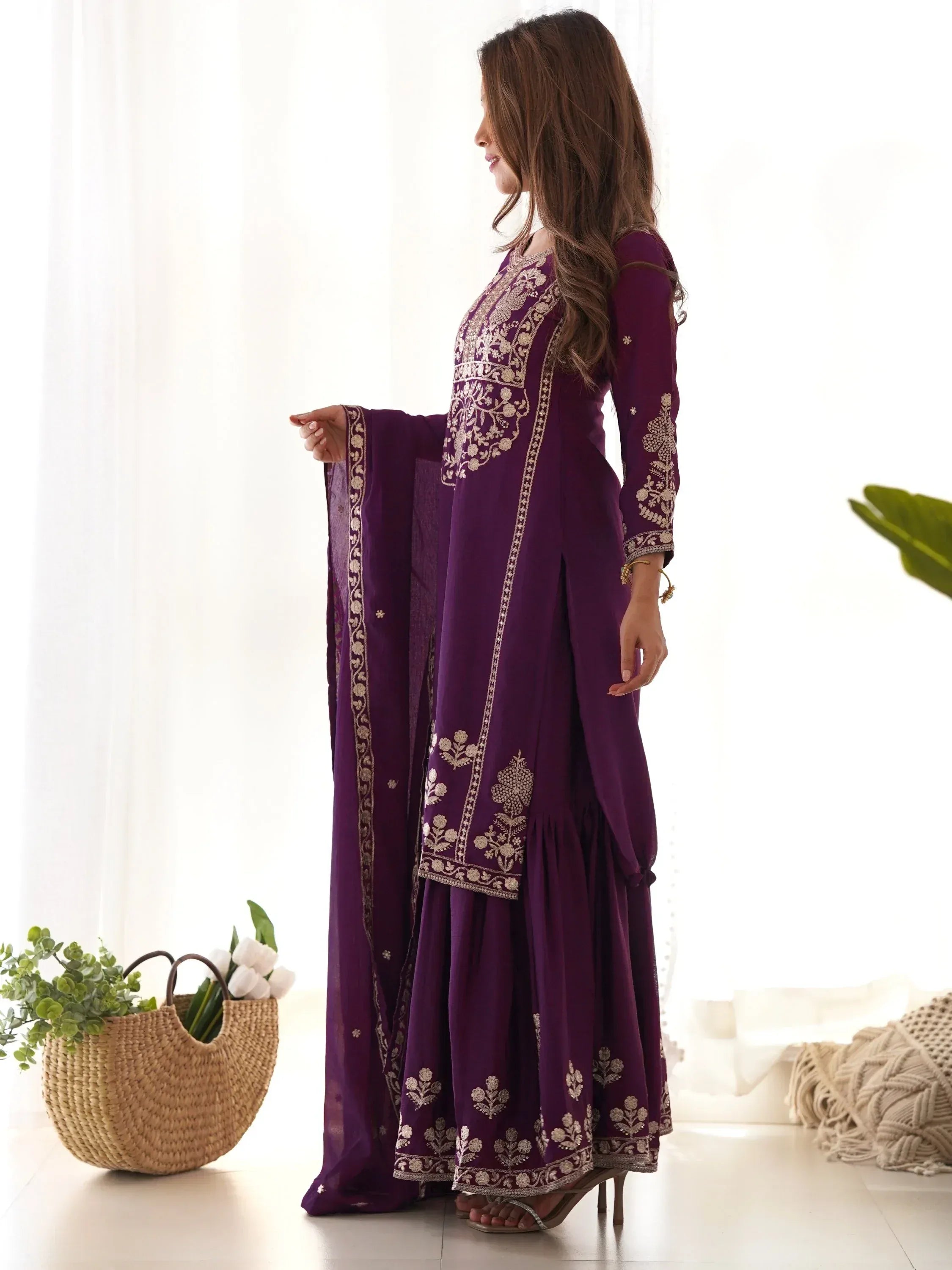 Attractive Purple Embroidered Chinon Wedding Wear Sharara Suit