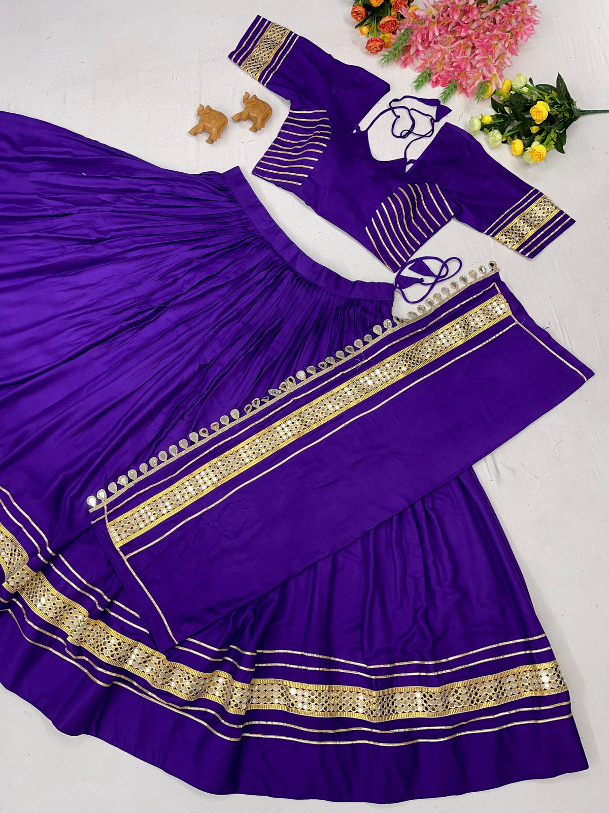 Wondrous Purple Mirror Laced Cotton Navratri Lehenga Choli With Dupatta