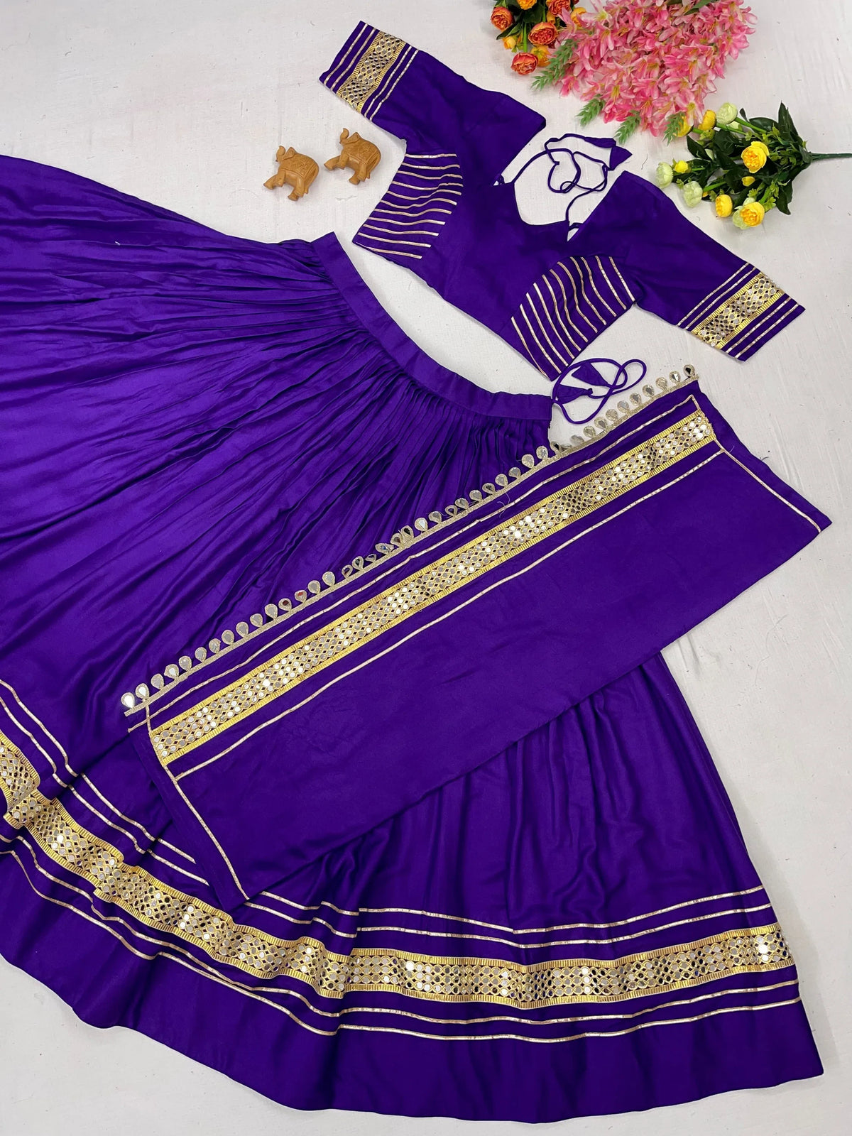 Wondrous Purple Mirror Laced Cotton Navratri Lehenga Choli With Dupatta