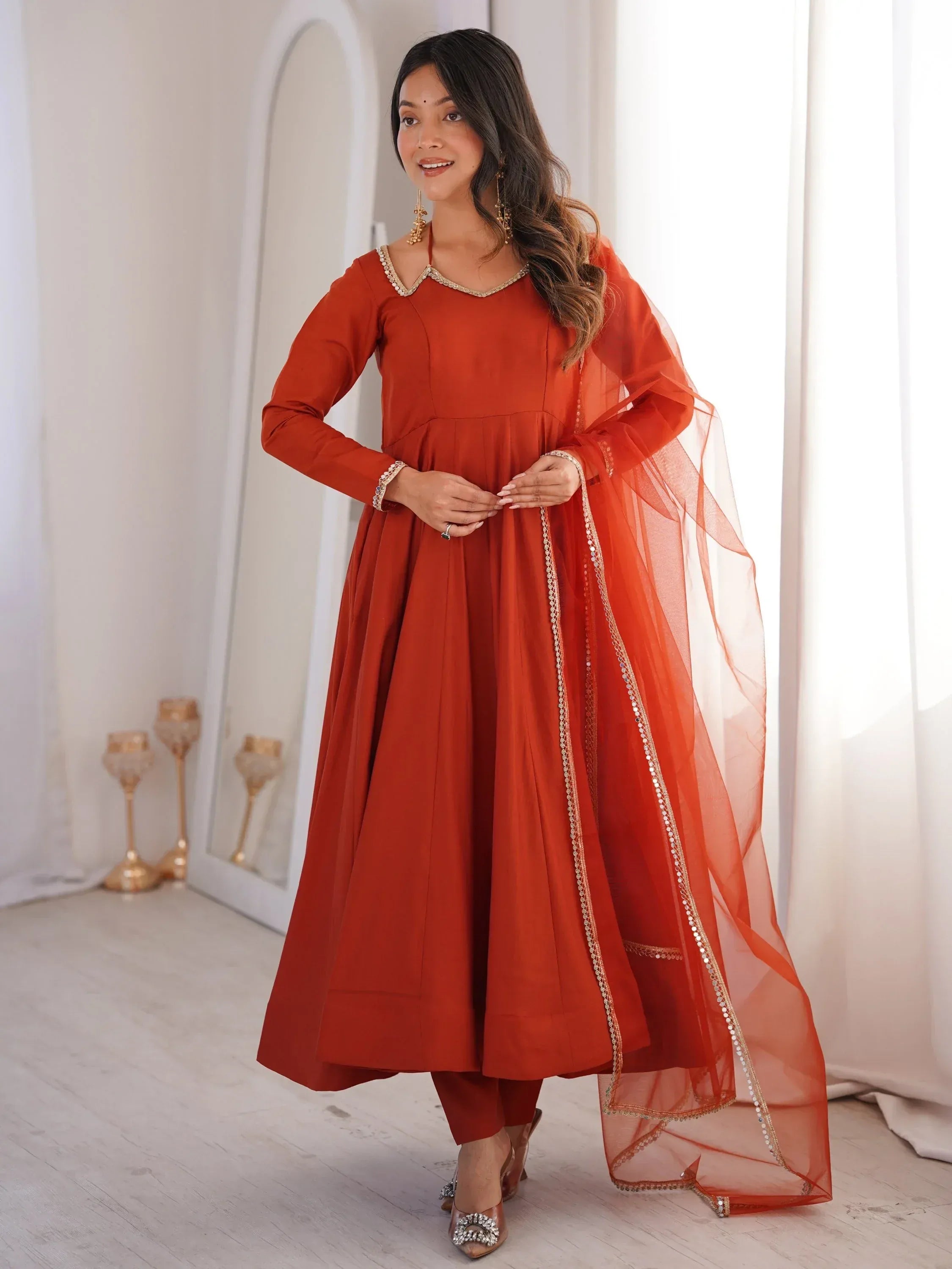Alluring Rust Orange Lace Work Roman Silk Festive Wear Anarkali Pant Suit