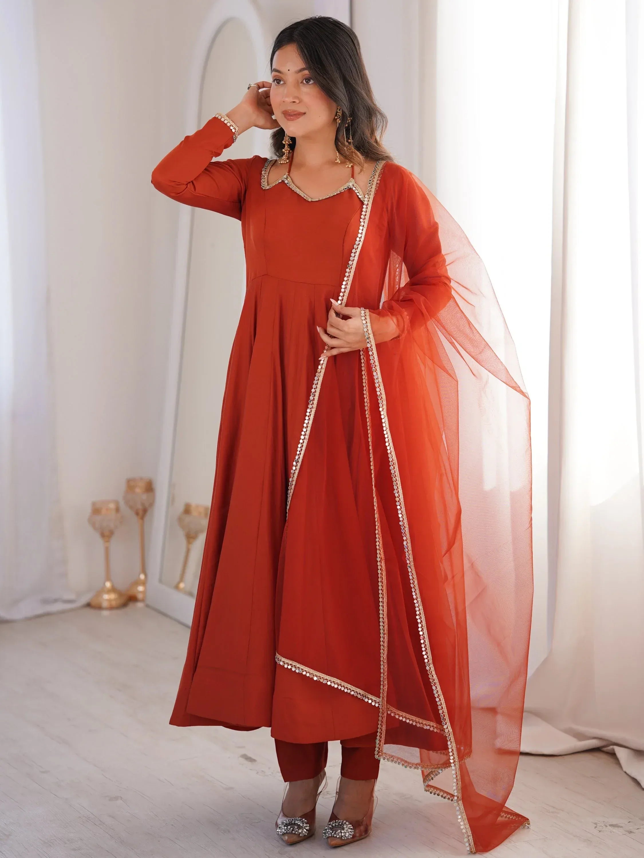 Alluring Rust Orange Lace Work Roman Silk Festive Wear Anarkali Pant Suit