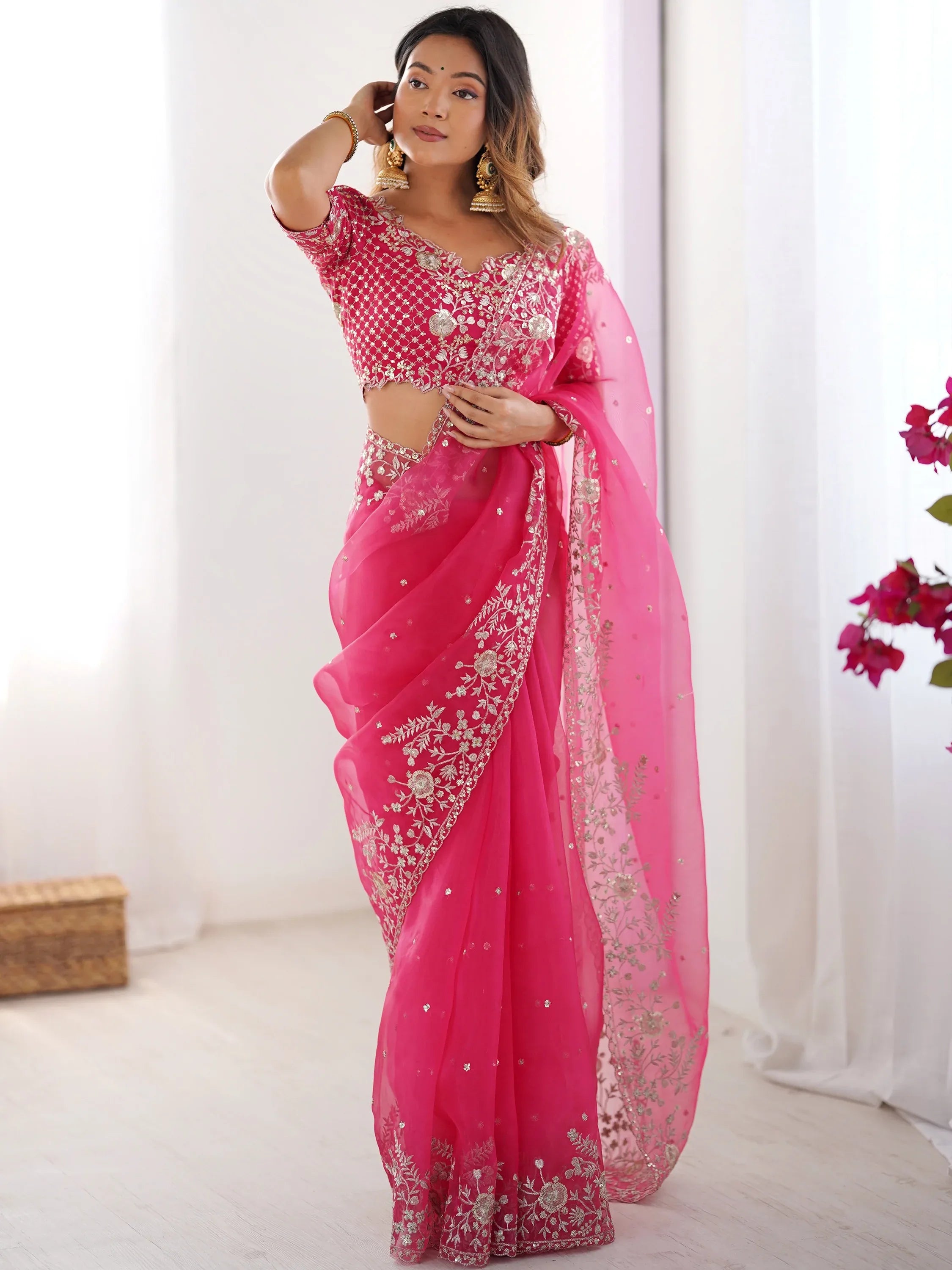 Astonishing Pink Sequins Organza Reception Wear Saree With Blouse