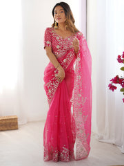 Astonishing Pink Sequins Organza Reception Wear Saree With Blouse