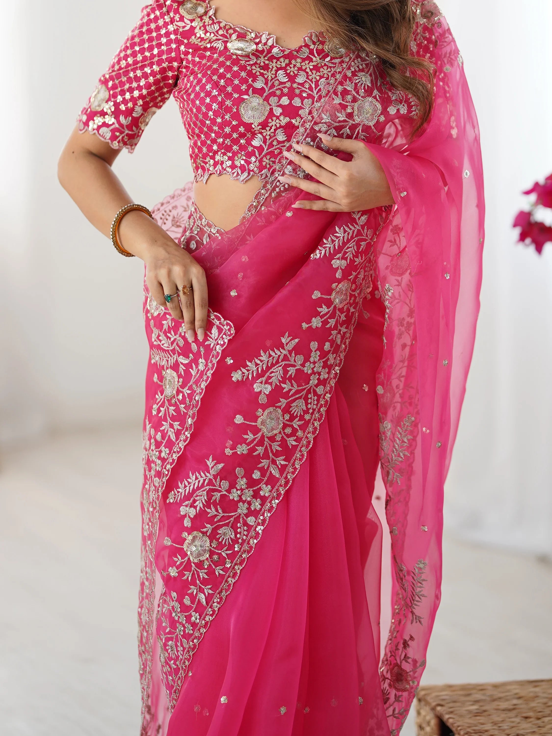 Astonishing Pink Sequins Organza Reception Wear Saree With Blouse