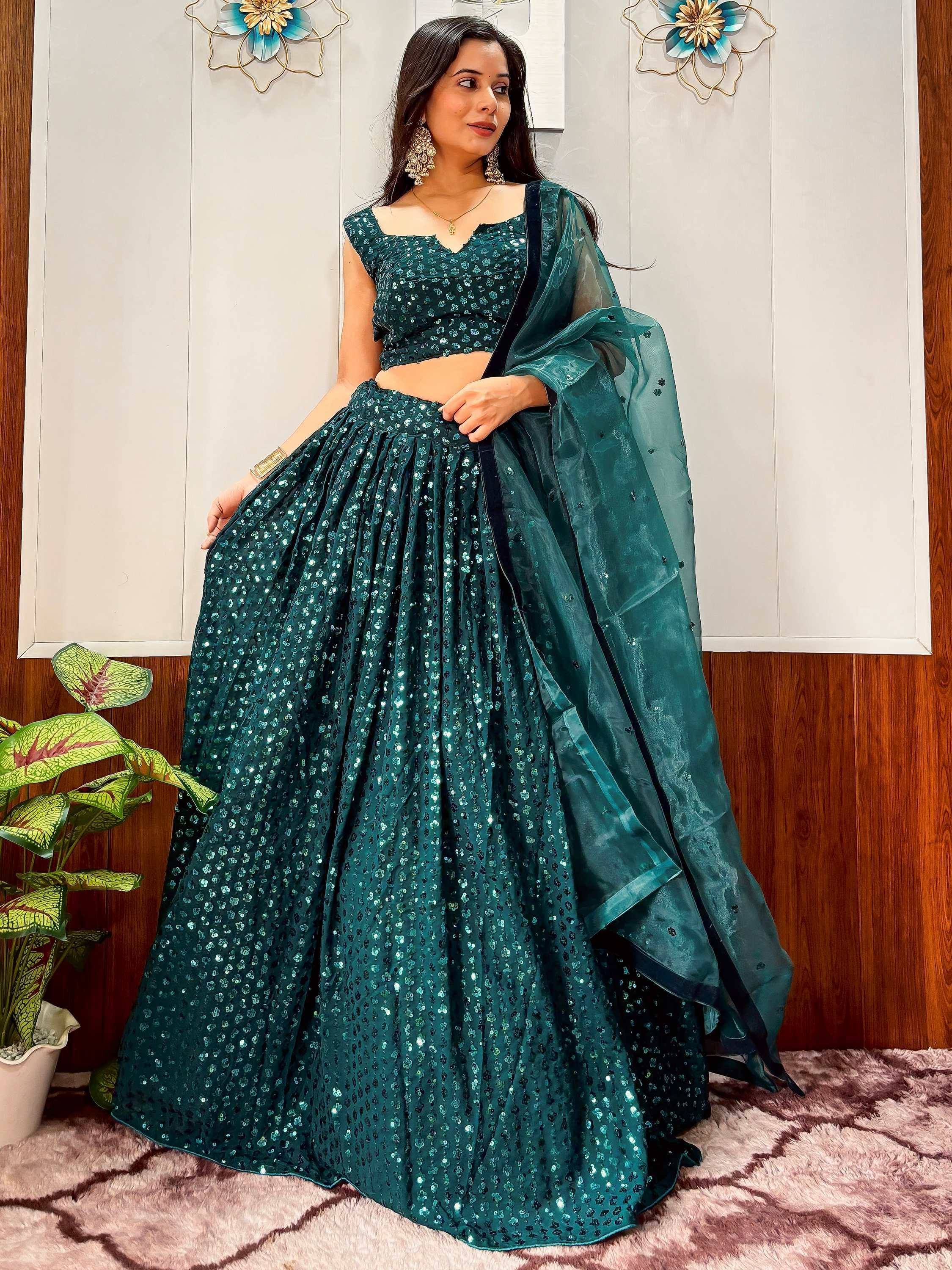 Glamorous Teal Green Sequins Georgette Party Wear Lehenga Choli