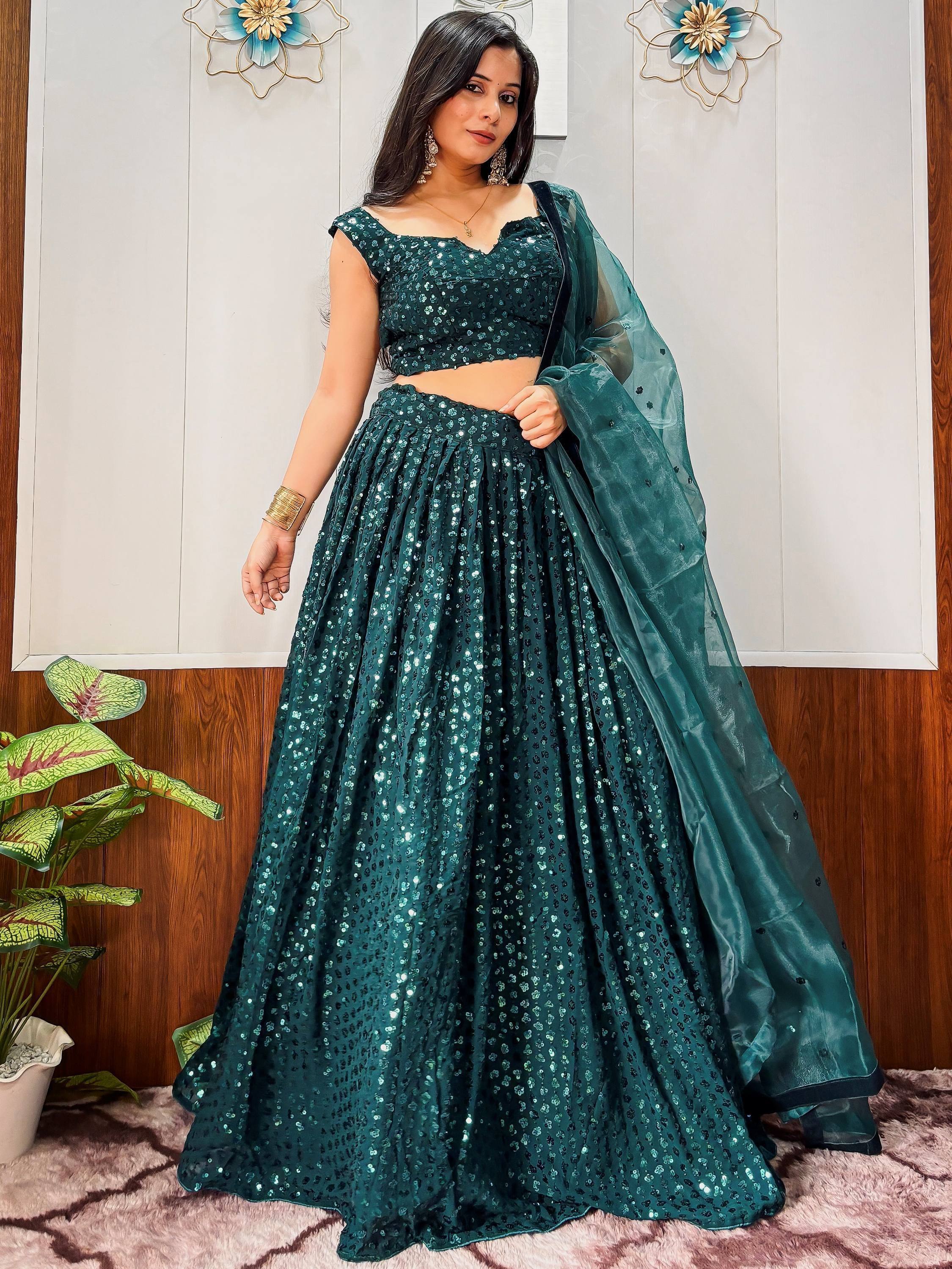 Glamorous Teal Green Sequins Georgette Party Wear Lehenga Choli