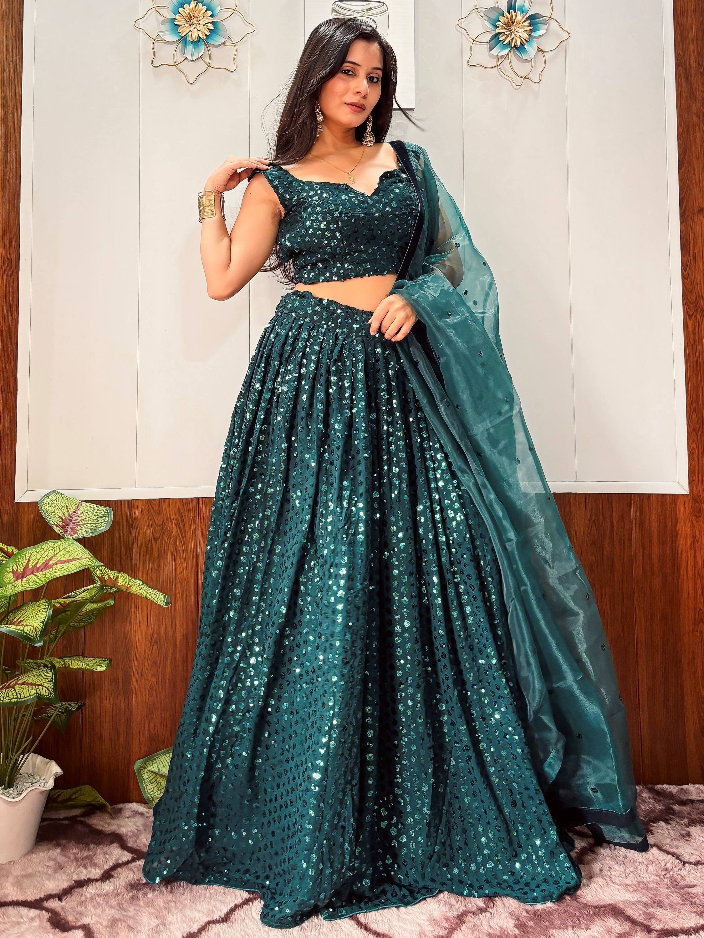 Glamorous Teal Green Sequins Georgette Party Wear Lehenga Choli