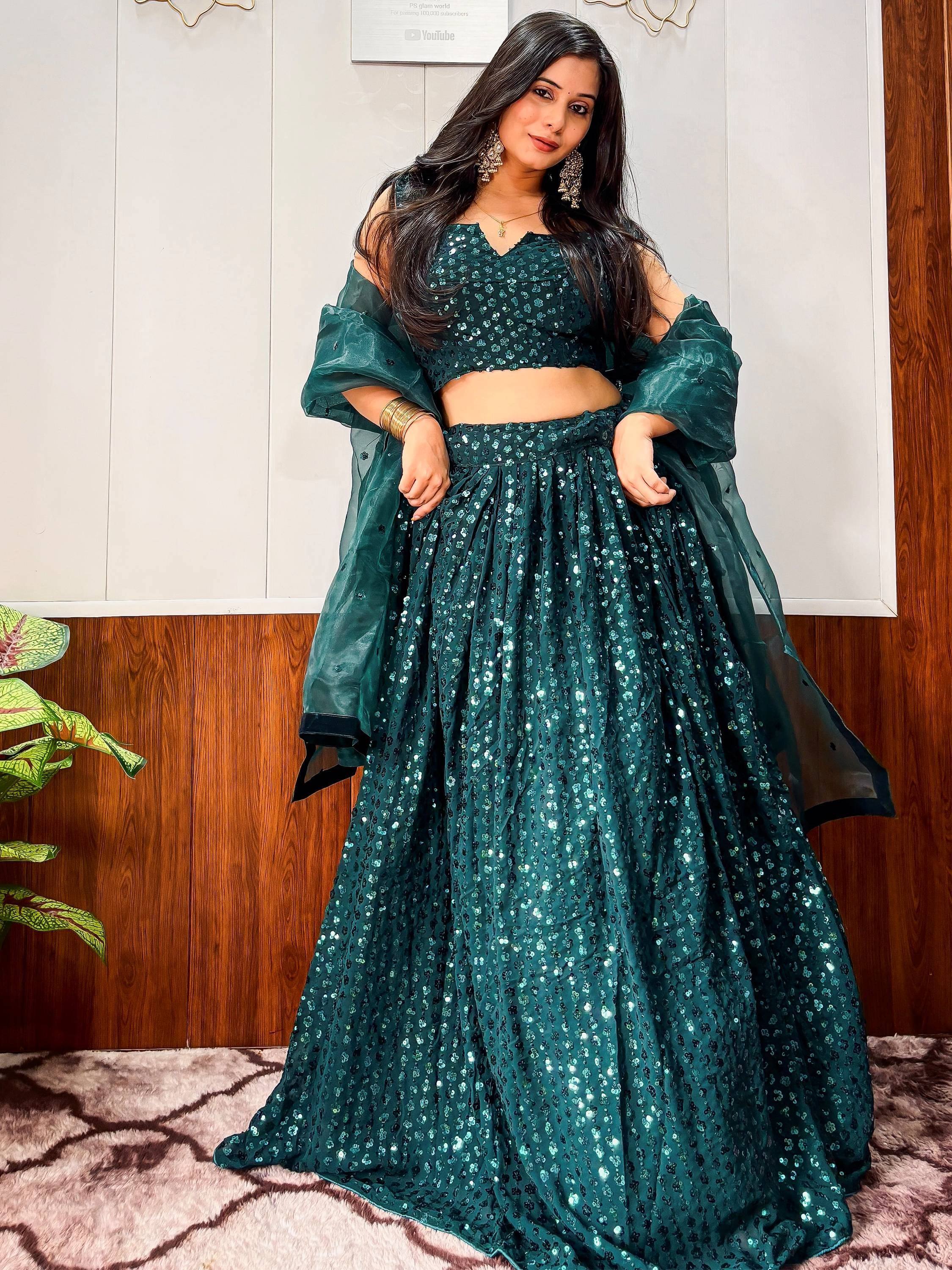Glamorous Teal Green Sequins Georgette Party Wear Lehenga Choli