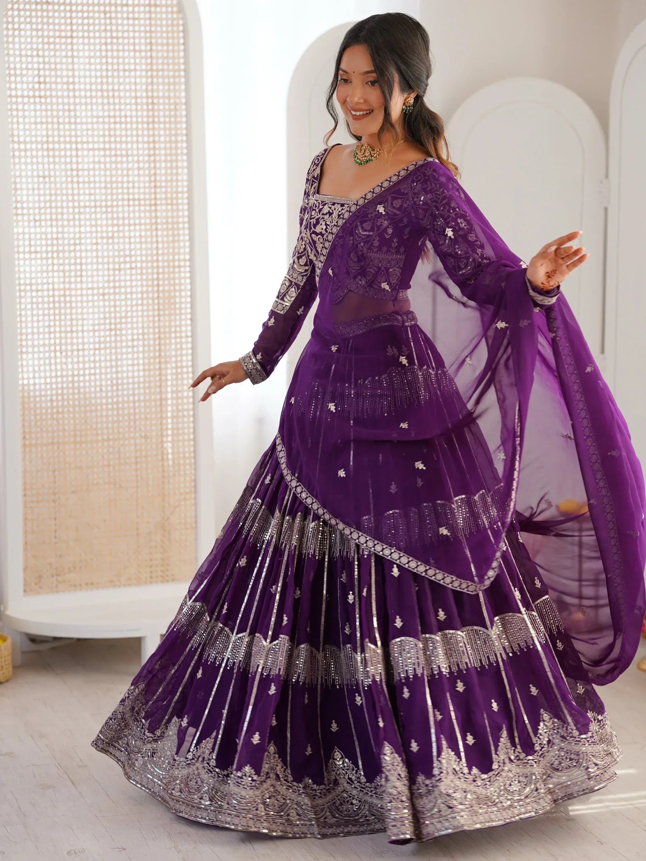 Classy Purple Thread Work Georgette Sangeet Wear Lehenga Choli