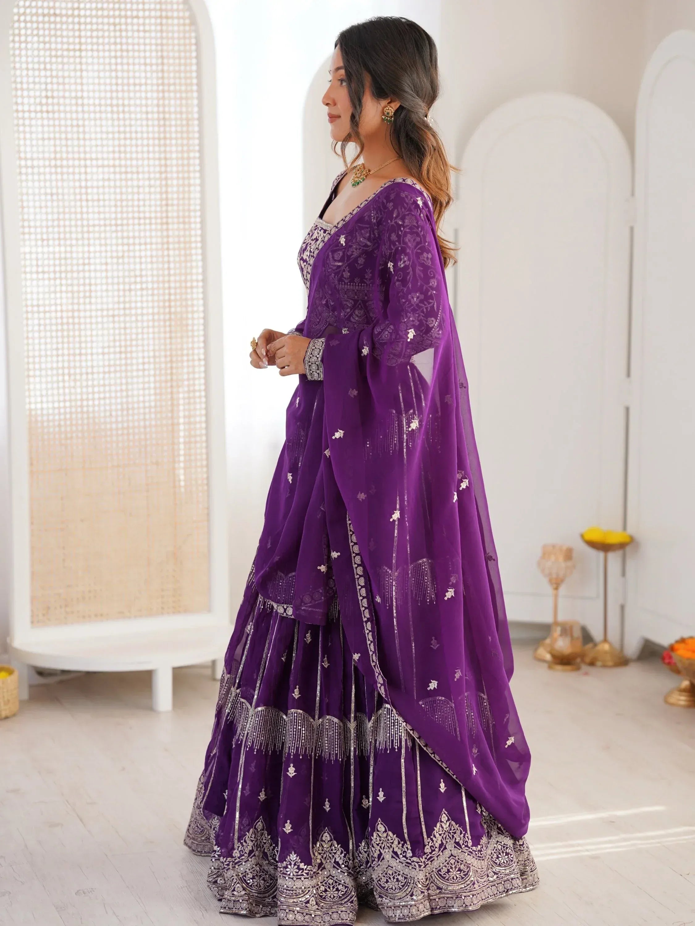 Classy Purple Thread Work Georgette Sangeet Wear Lehenga Choli
