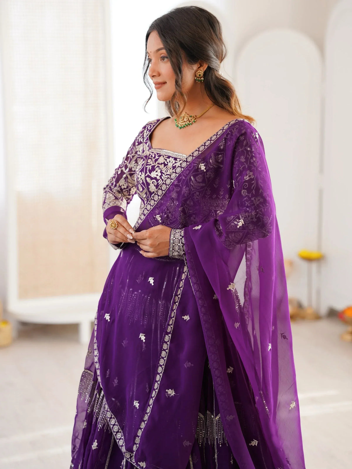 Classy Purple Thread Work Georgette Sangeet Wear Lehenga Choli