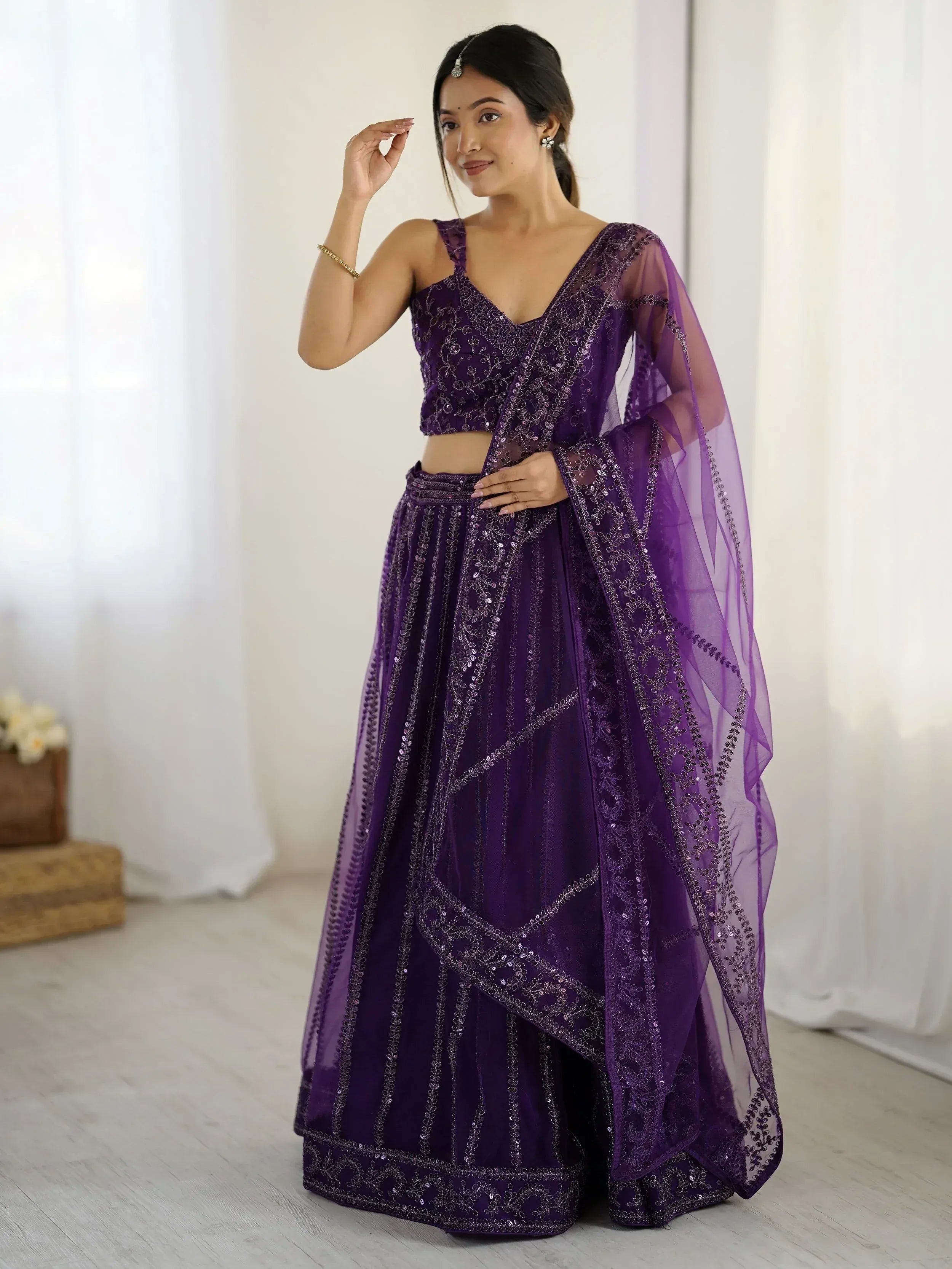 Rich Wine Net Sequins Work Wedding Wear Lehenga Choli With Dupatta