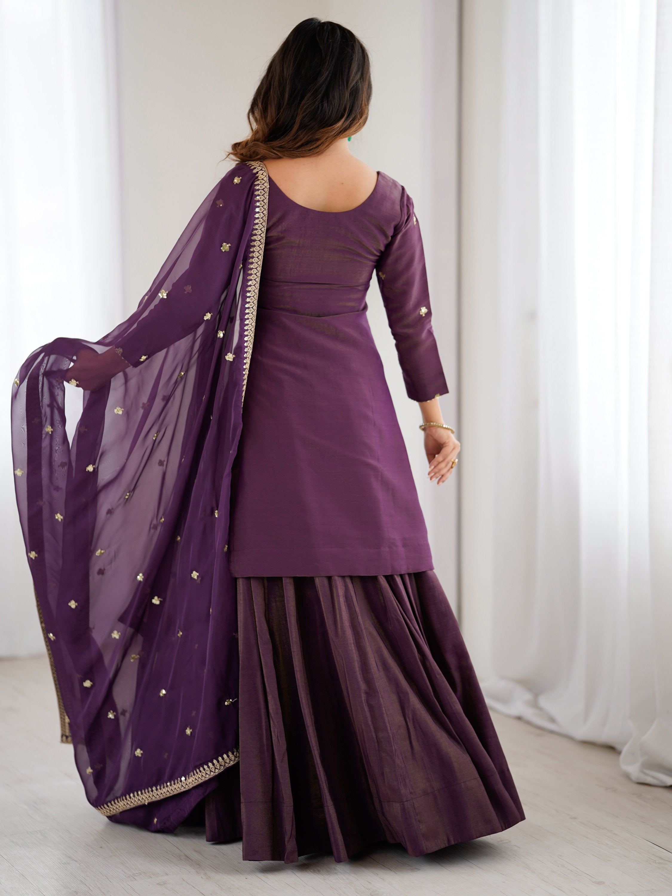 Bewitching Purple Zari Work Silk Designer Lehenga With Kurti