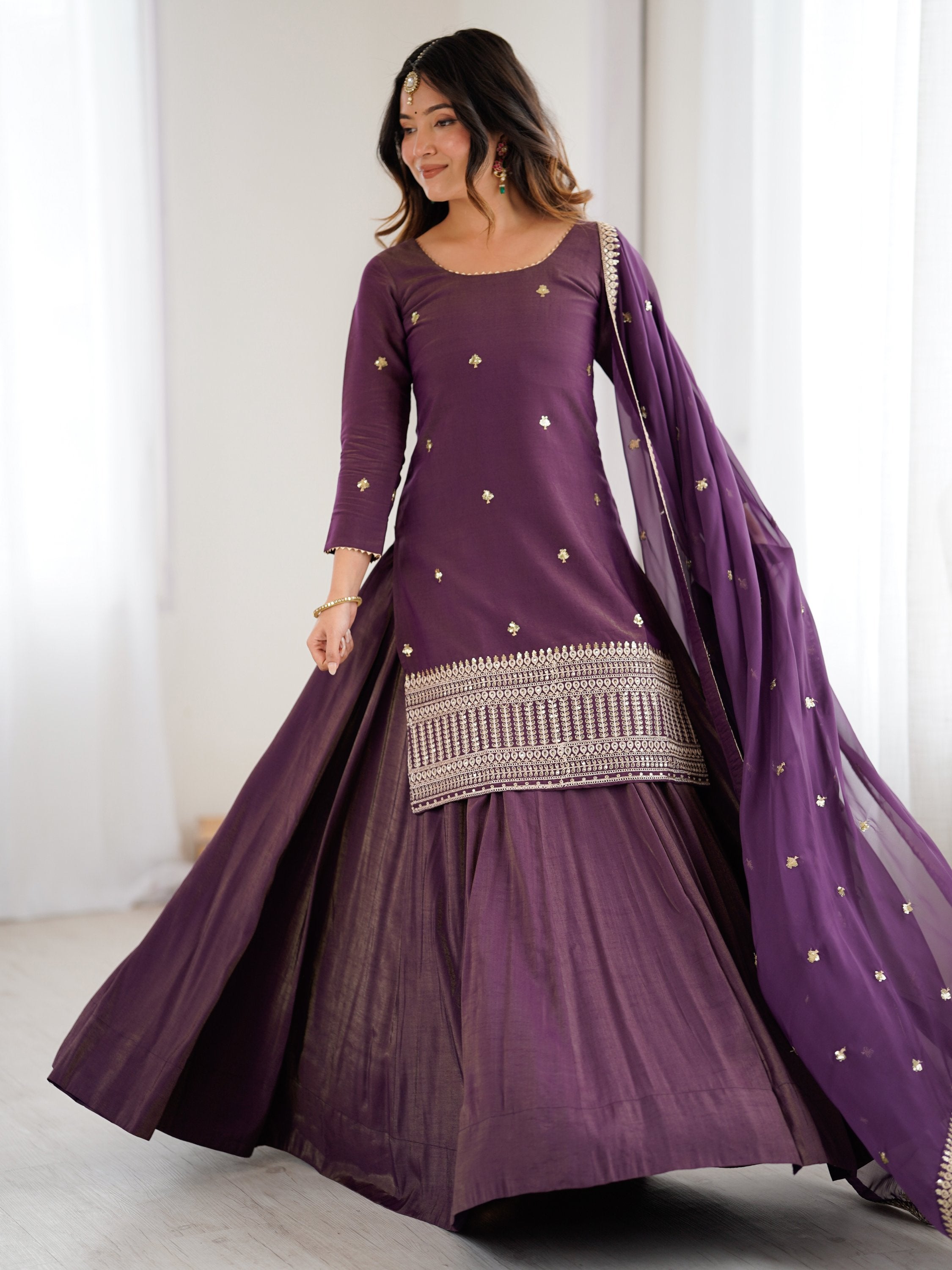 Bewitching Purple Zari Work Silk Designer Lehenga With Kurti