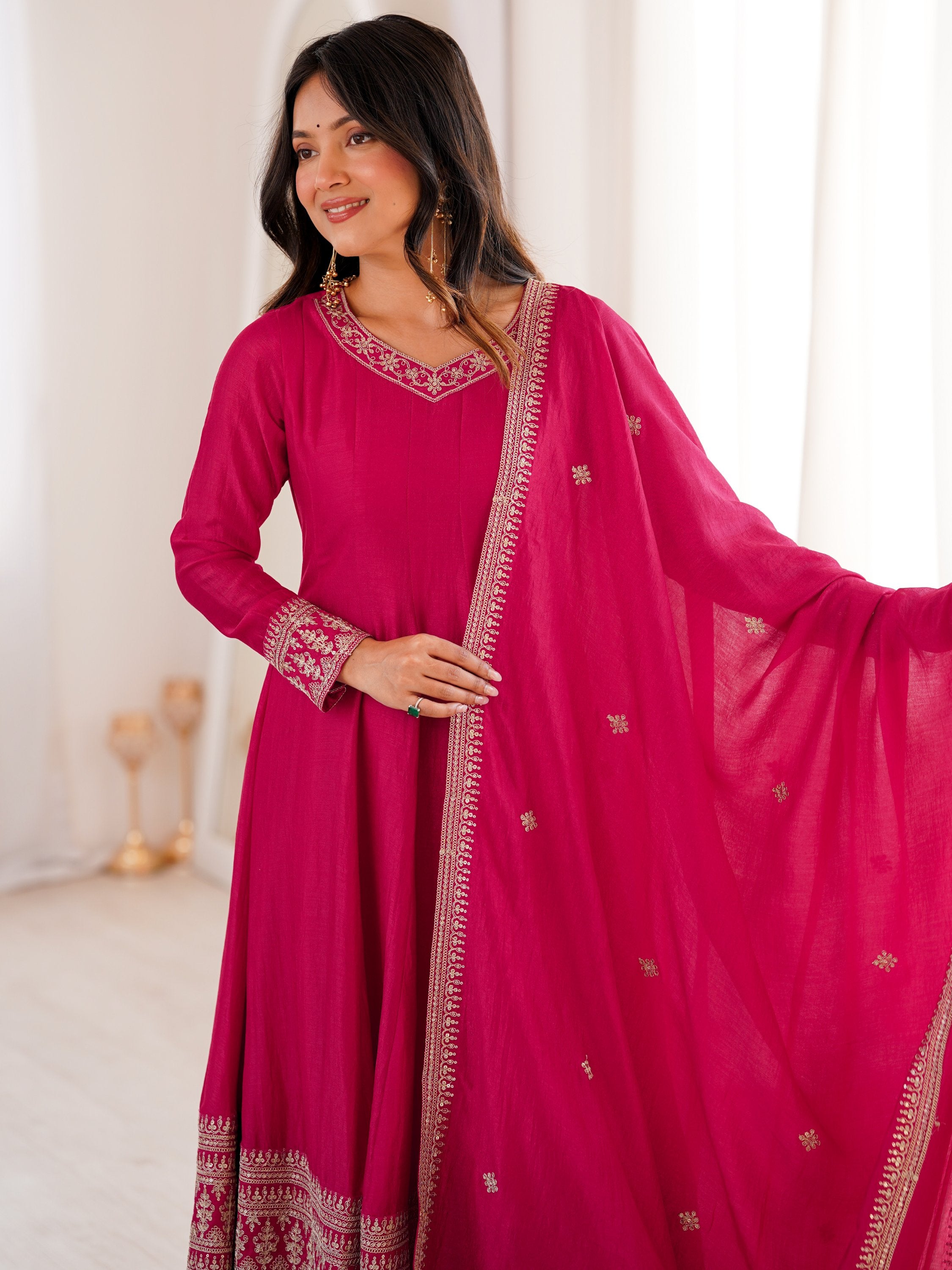 Pretty Pink Dori Embroidered Silk Engagement Wear Anarkali Pant Suit