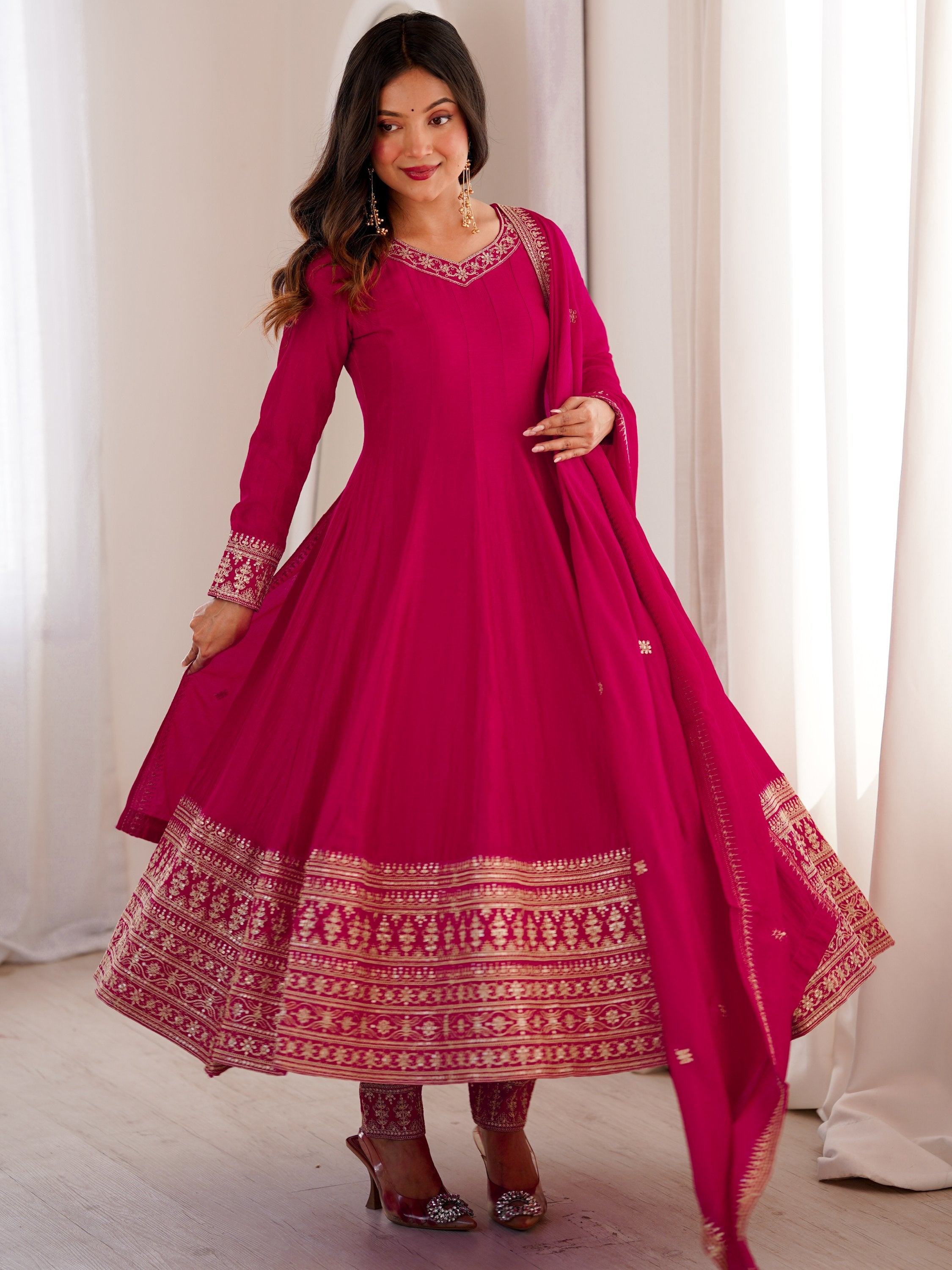 Pretty Pink Dori Embroidered Silk Engagement Wear Anarkali Pant Suit