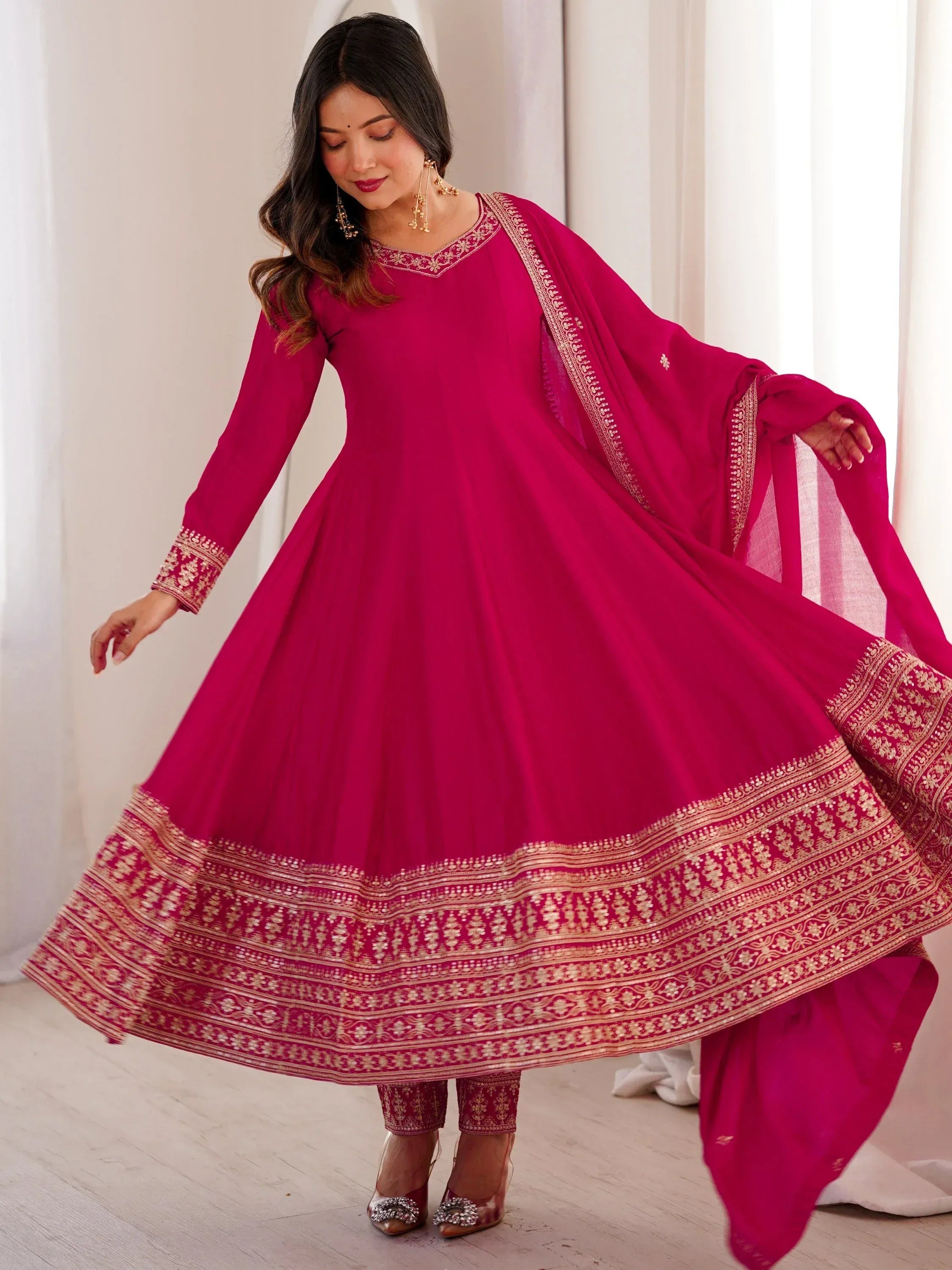 Pretty Pink Dori Embroidered Silk Engagement Wear Anarkali Pant Suit